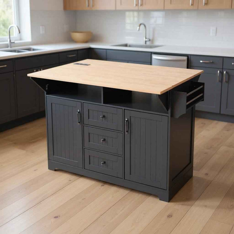56" Black Wood Rolling Kitchen Island With Storage