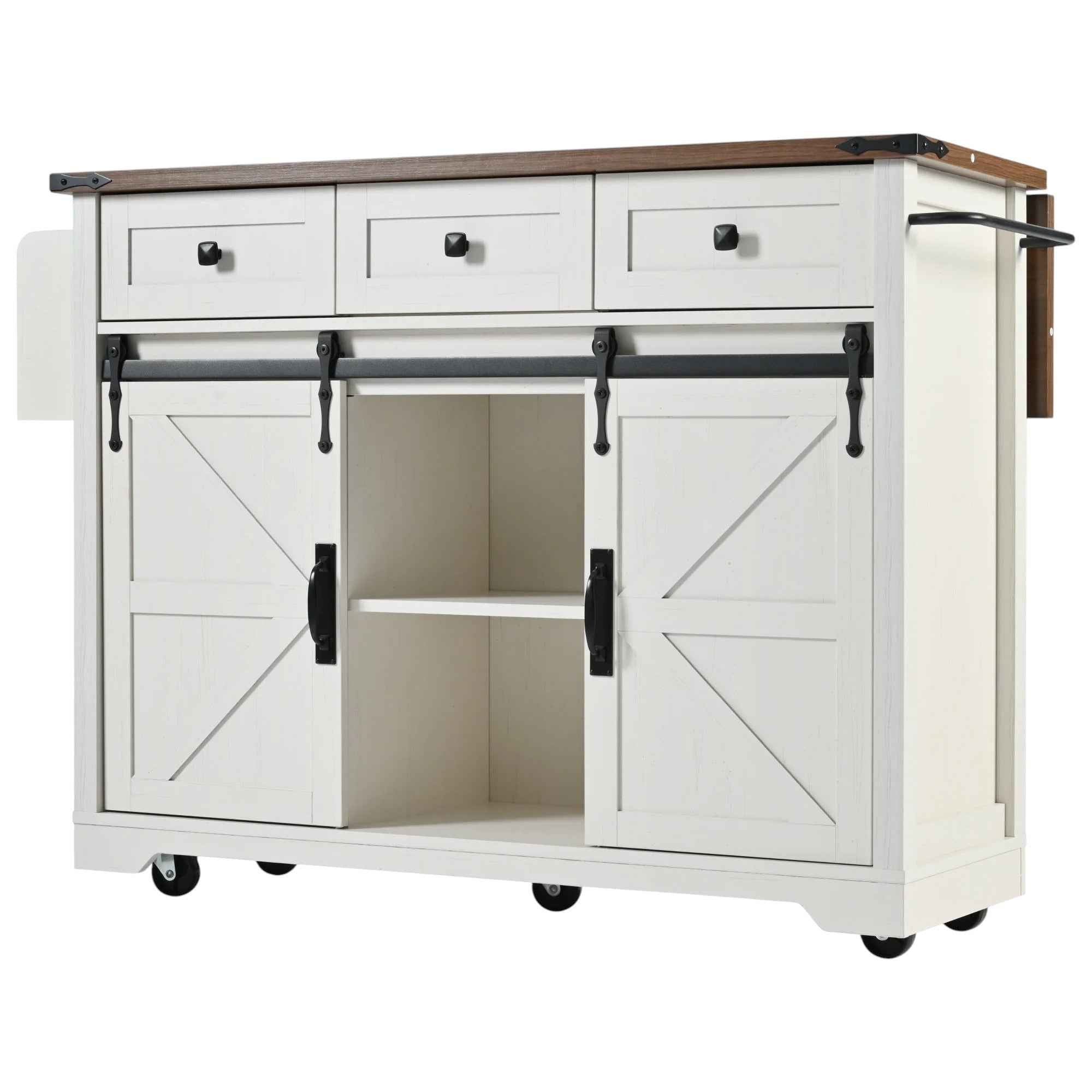 54" White Wood Rolling Kitchen Island