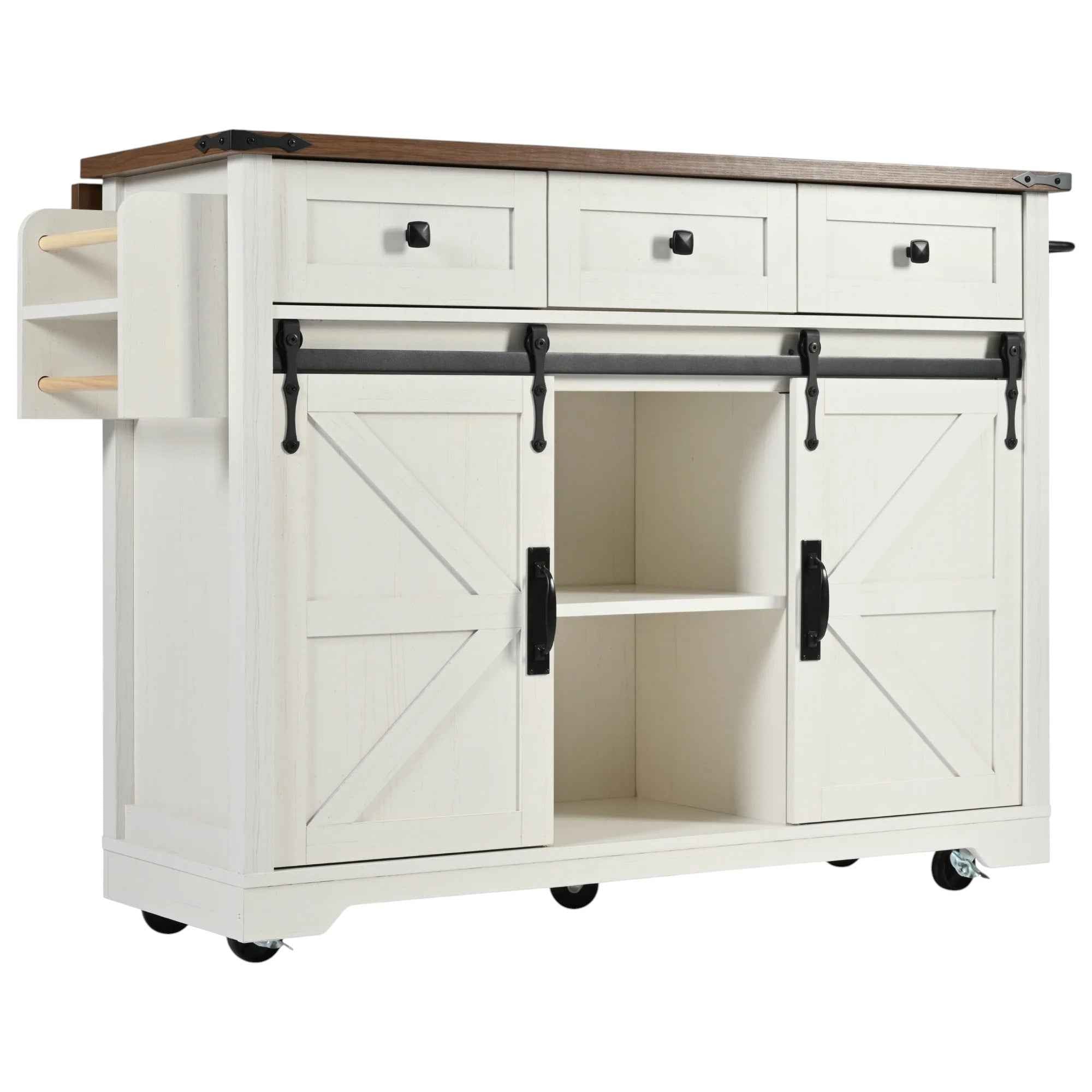 54" White Wood Rolling Kitchen Island