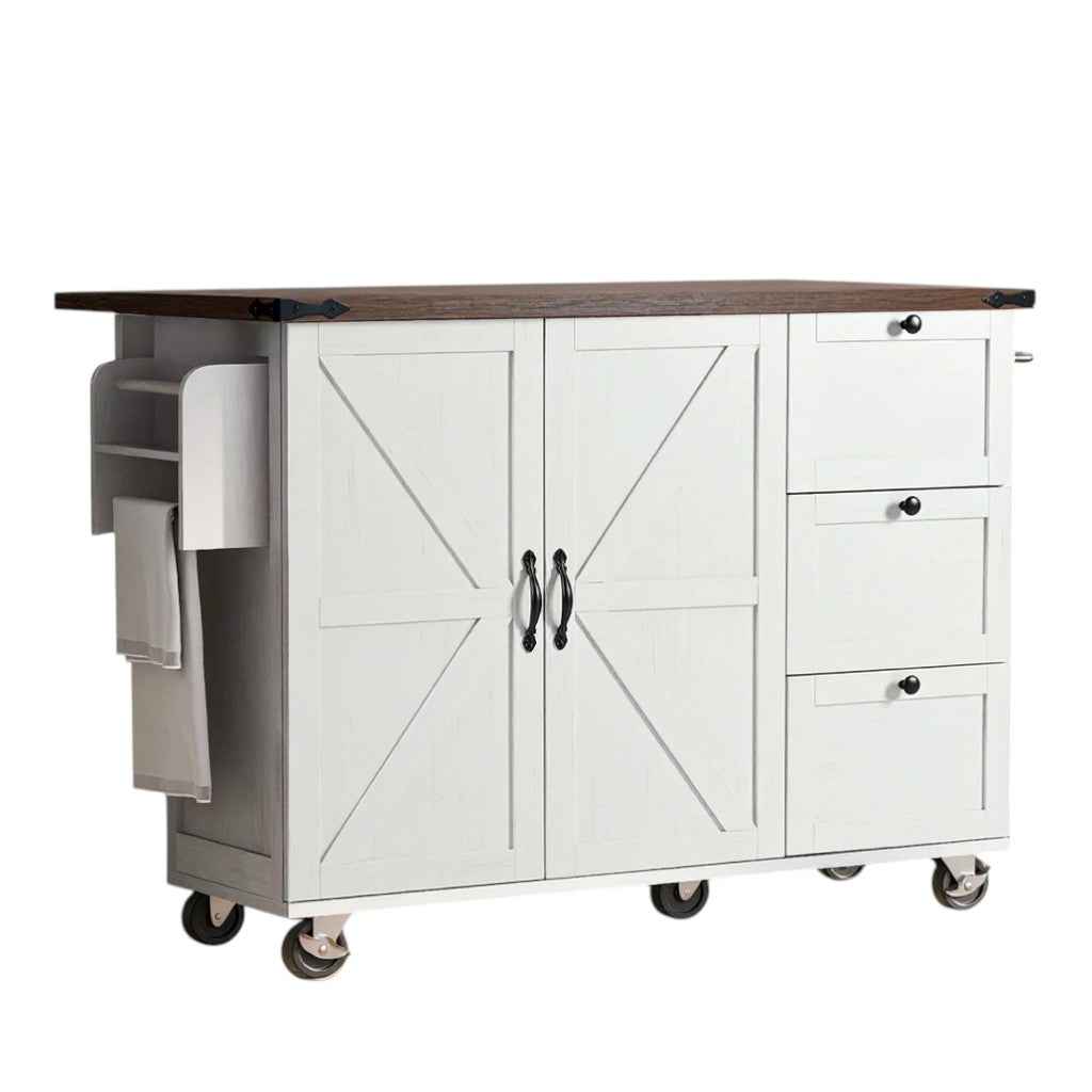 55" White Wood Rolling Kitchen Island