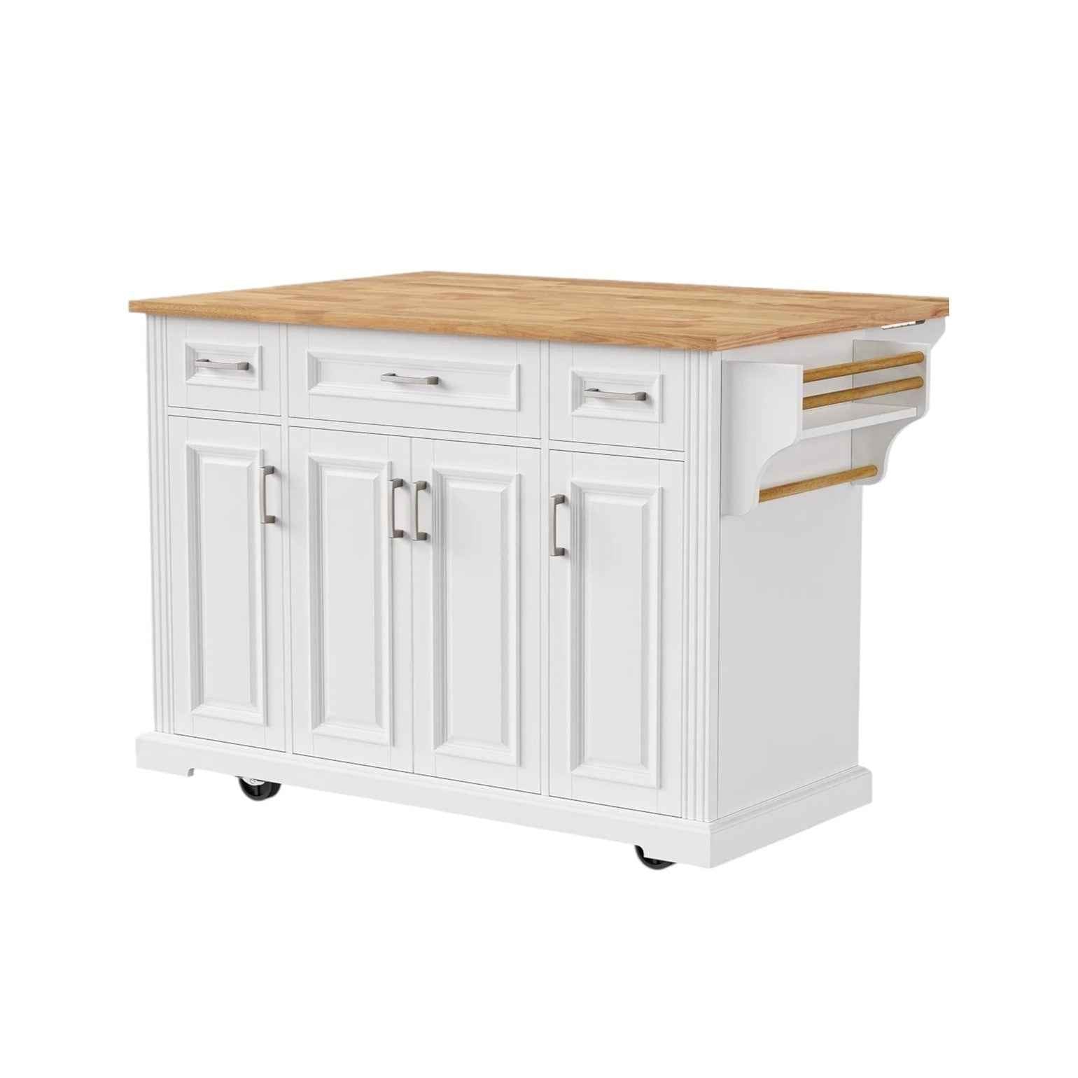 54" White Wood Rolling Kitchen Island With Storage