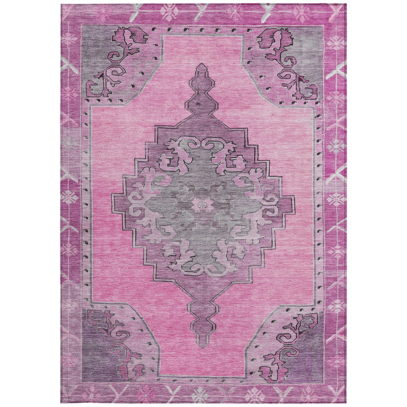 Full view pink geometric area rug with gray diamond medallion and ornate frame