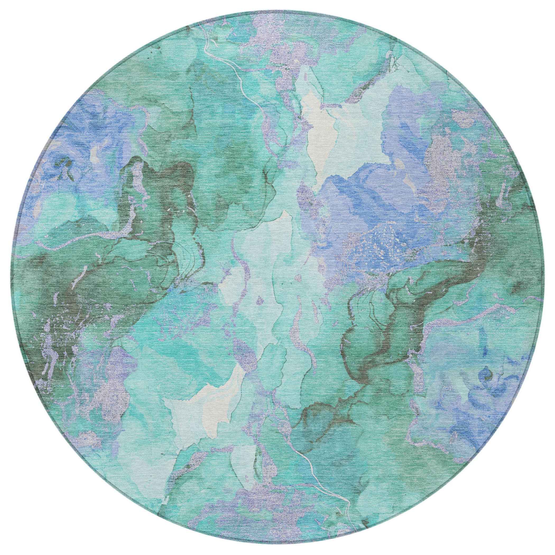 8' Teal Blue And Mint Green Round Abstract Washable Indoor Outdoor Area Rug