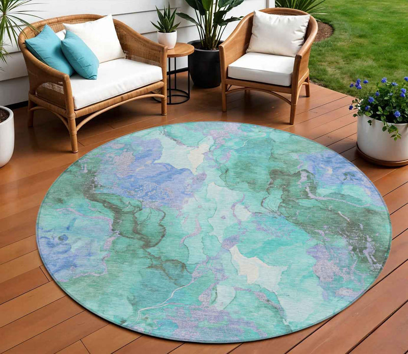 8' Teal Blue And Mint Green Round Abstract Washable Indoor Outdoor Area Rug