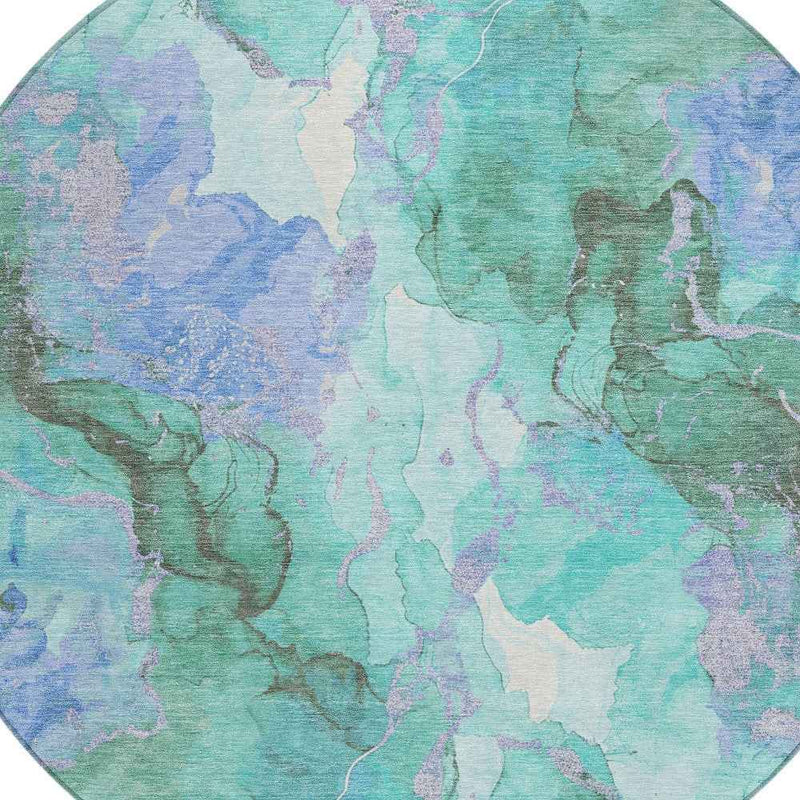 8' Teal Blue And Mint Green Round Abstract Washable Indoor Outdoor Area Rug