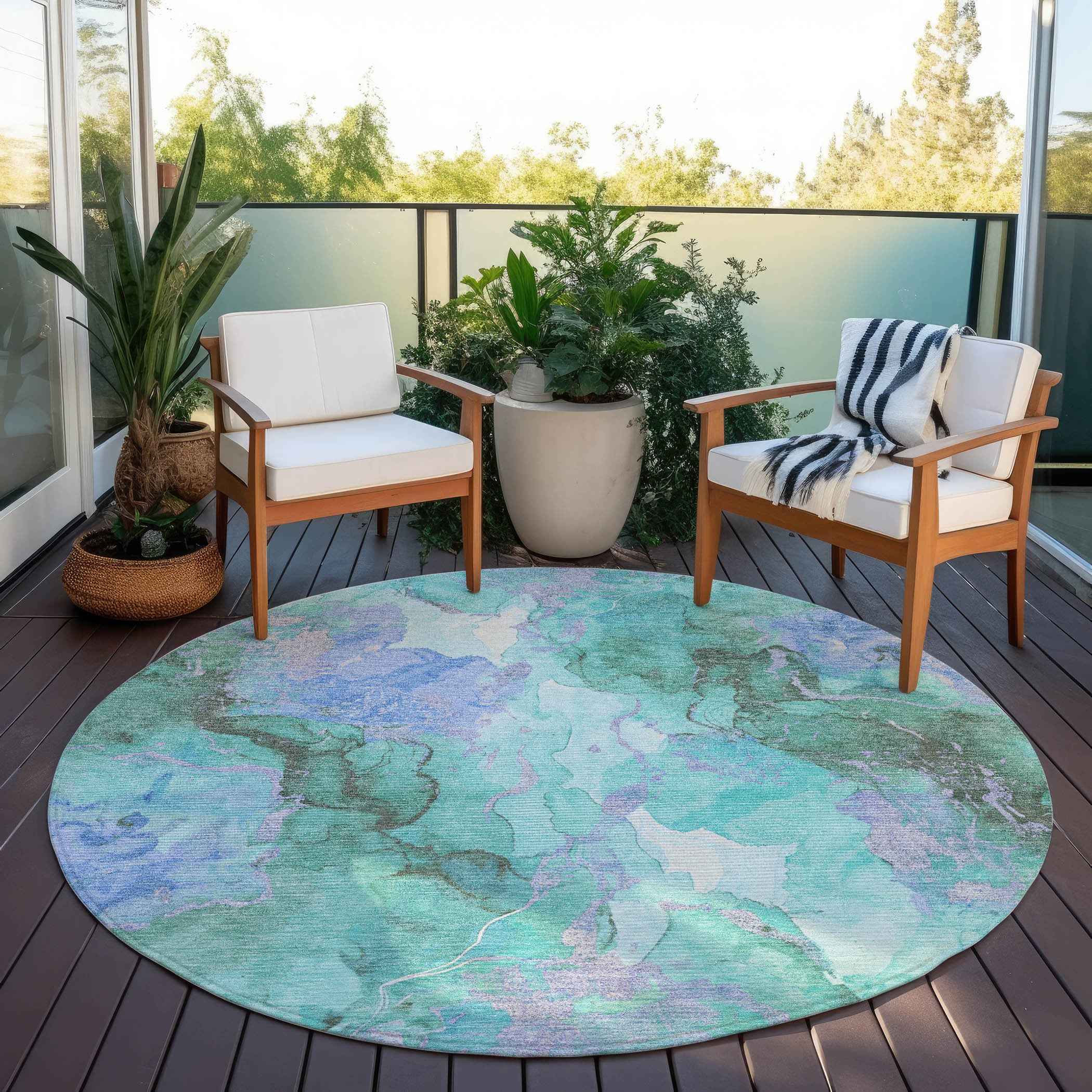 8' Teal Blue And Mint Green Round Abstract Washable Indoor Outdoor Area Rug