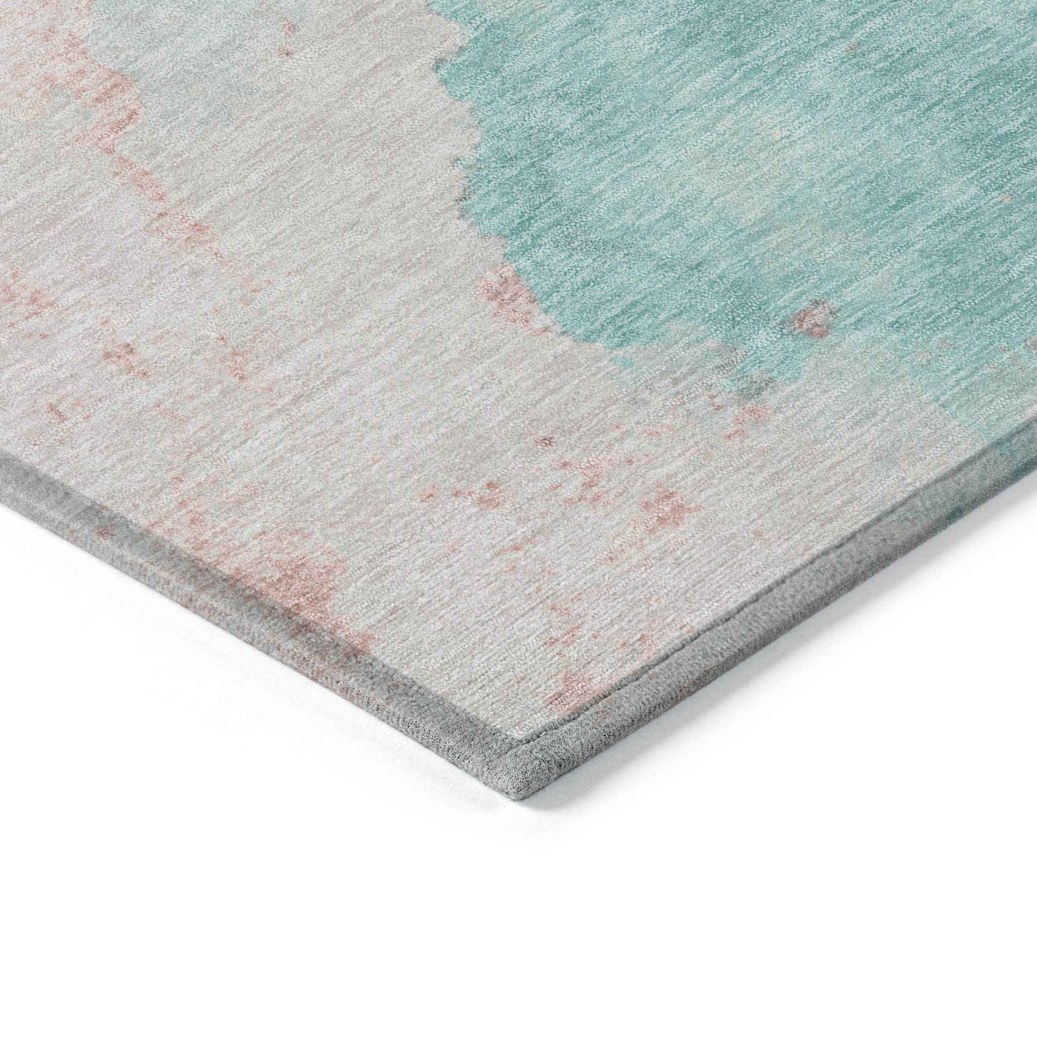 8' Teal Blue Peach And Ivory Round Abstract Washable Indoor Outdoor Area Rug