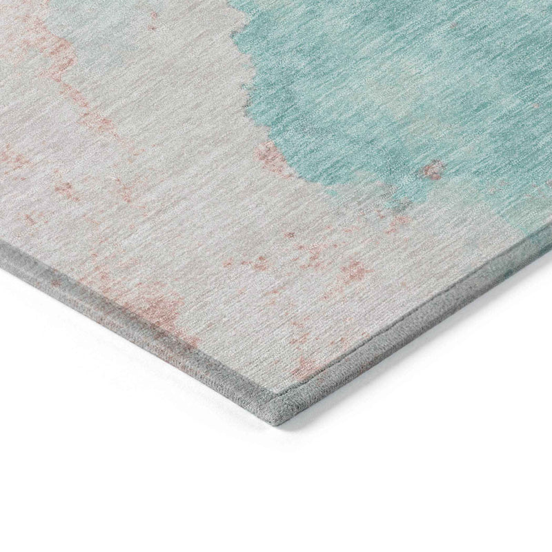 8' Teal Blue Peach And Ivory Round Abstract Washable Indoor Outdoor Area Rug
