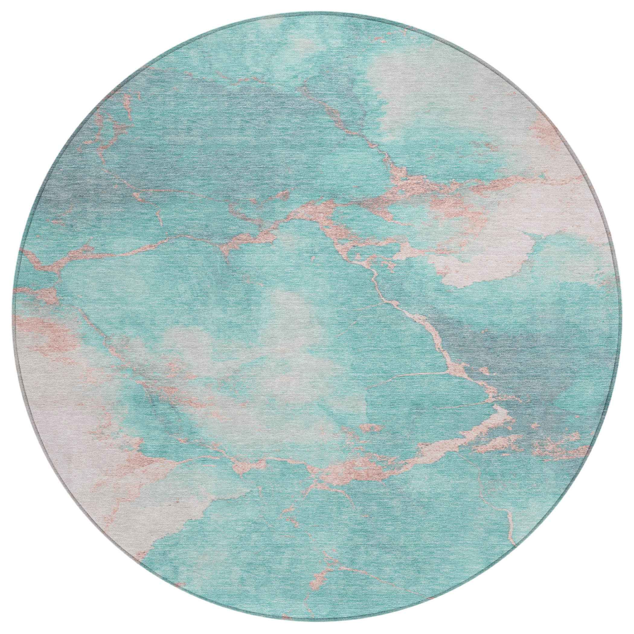 8' Teal Blue Peach And Ivory Round Abstract Washable Indoor Outdoor Area Rug