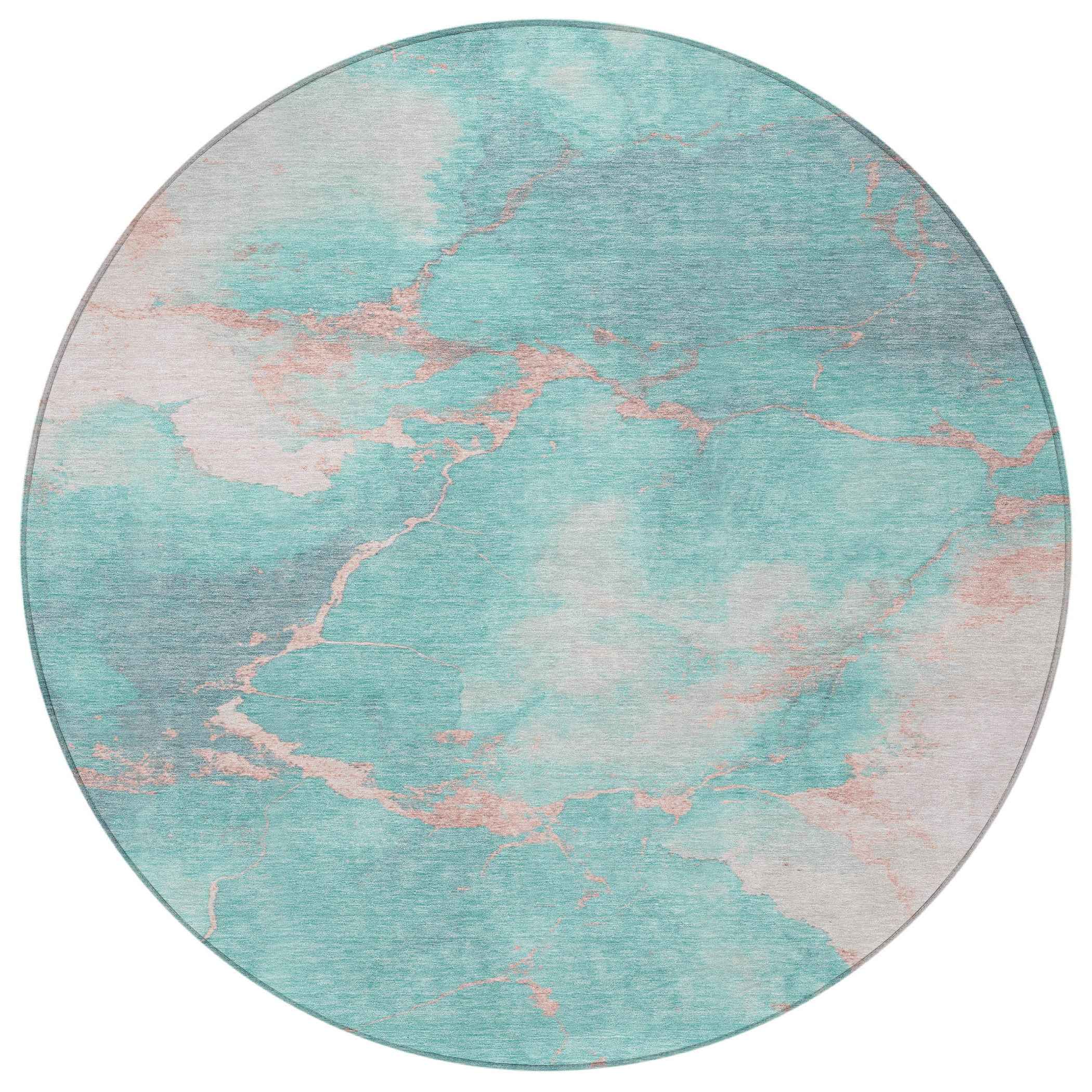 8' Teal Blue Peach And Ivory Round Abstract Washable Indoor Outdoor Area Rug