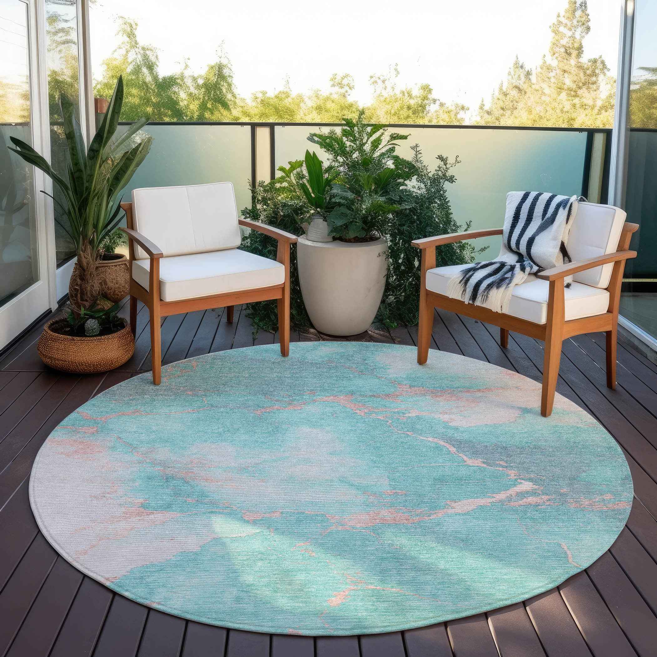 8' Teal Blue Peach And Ivory Round Abstract Washable Indoor Outdoor Area Rug