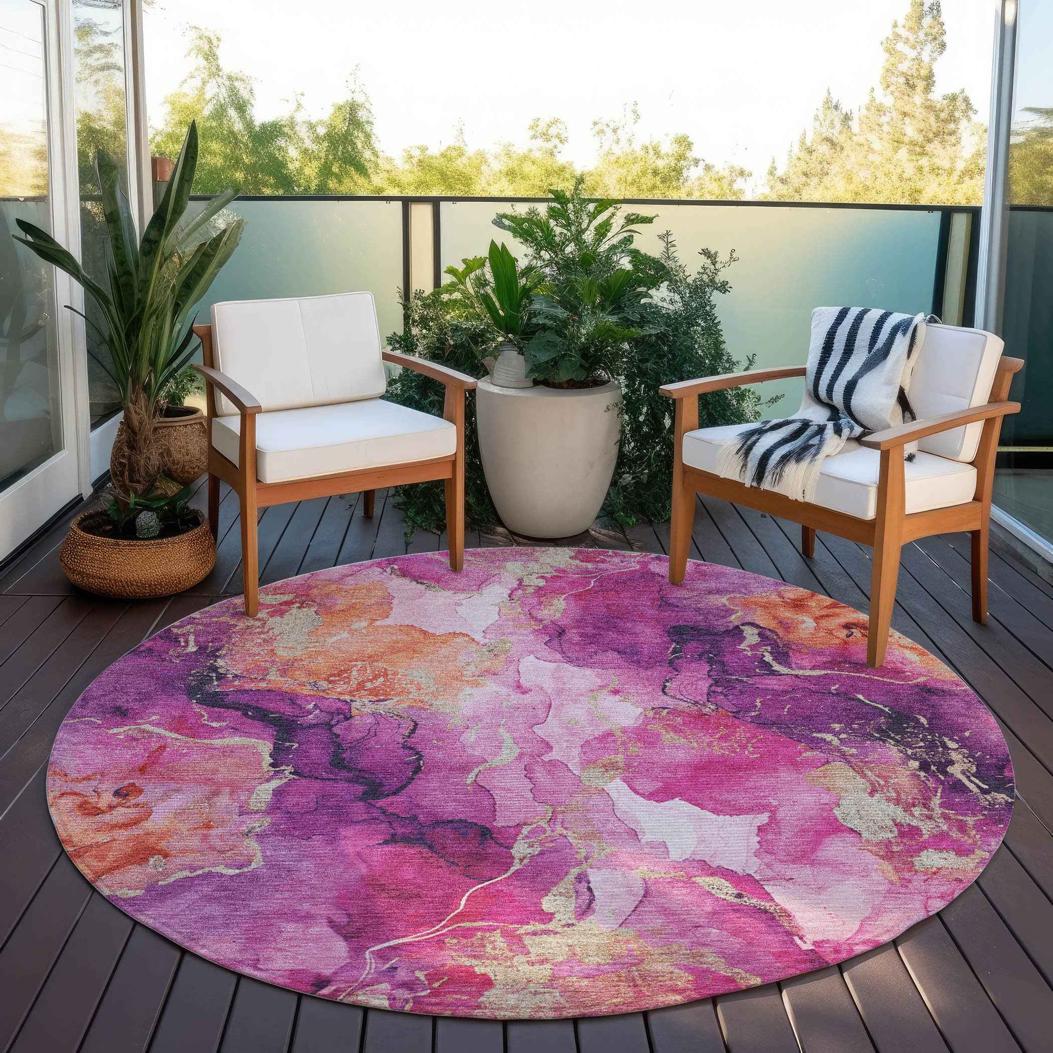 8' Ruby Red And Purple Round Abstract Washable Indoor Outdoor Area Rug