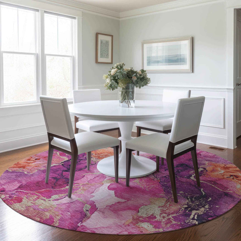 8' Ruby Red And Purple Round Abstract Washable Indoor Outdoor Area Rug