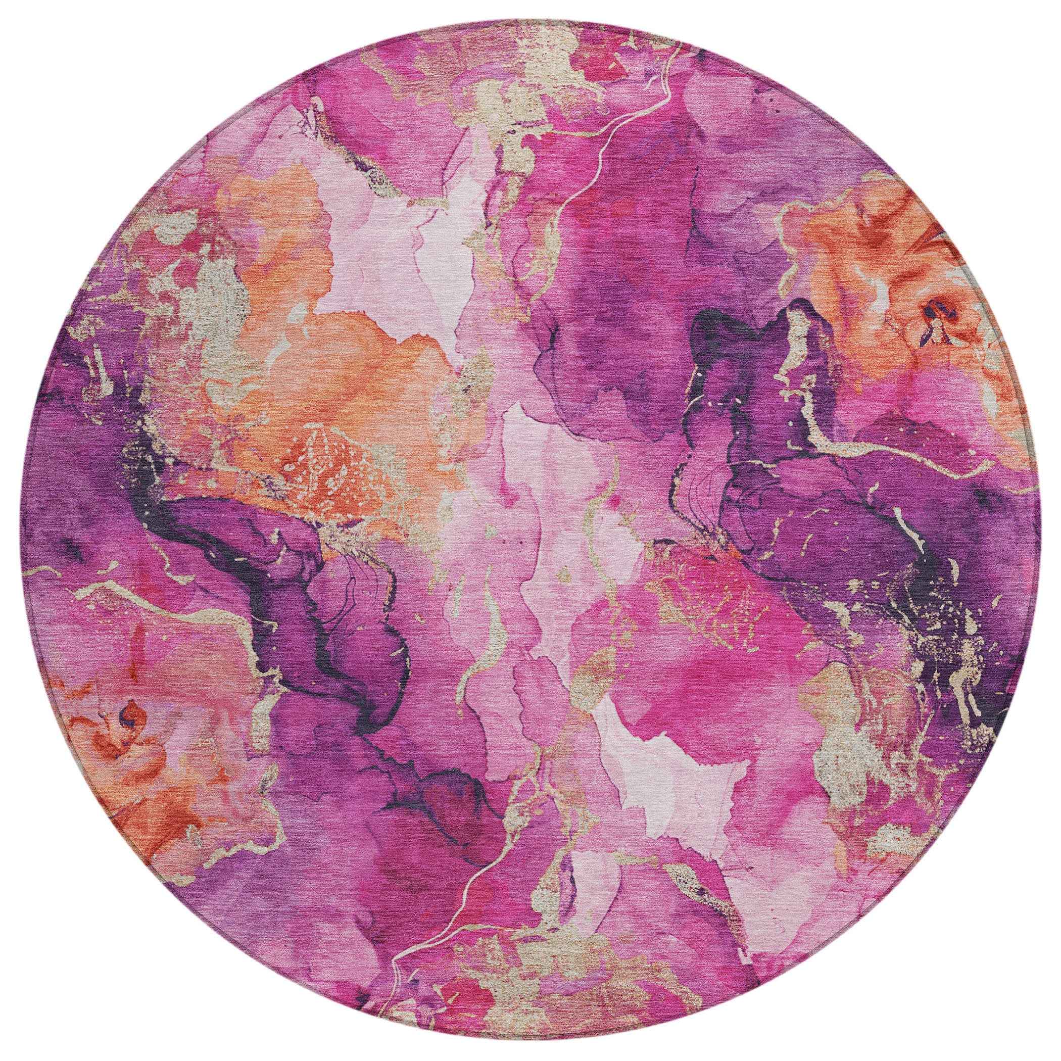8' Ruby Red And Purple Round Abstract Washable Indoor Outdoor Area Rug