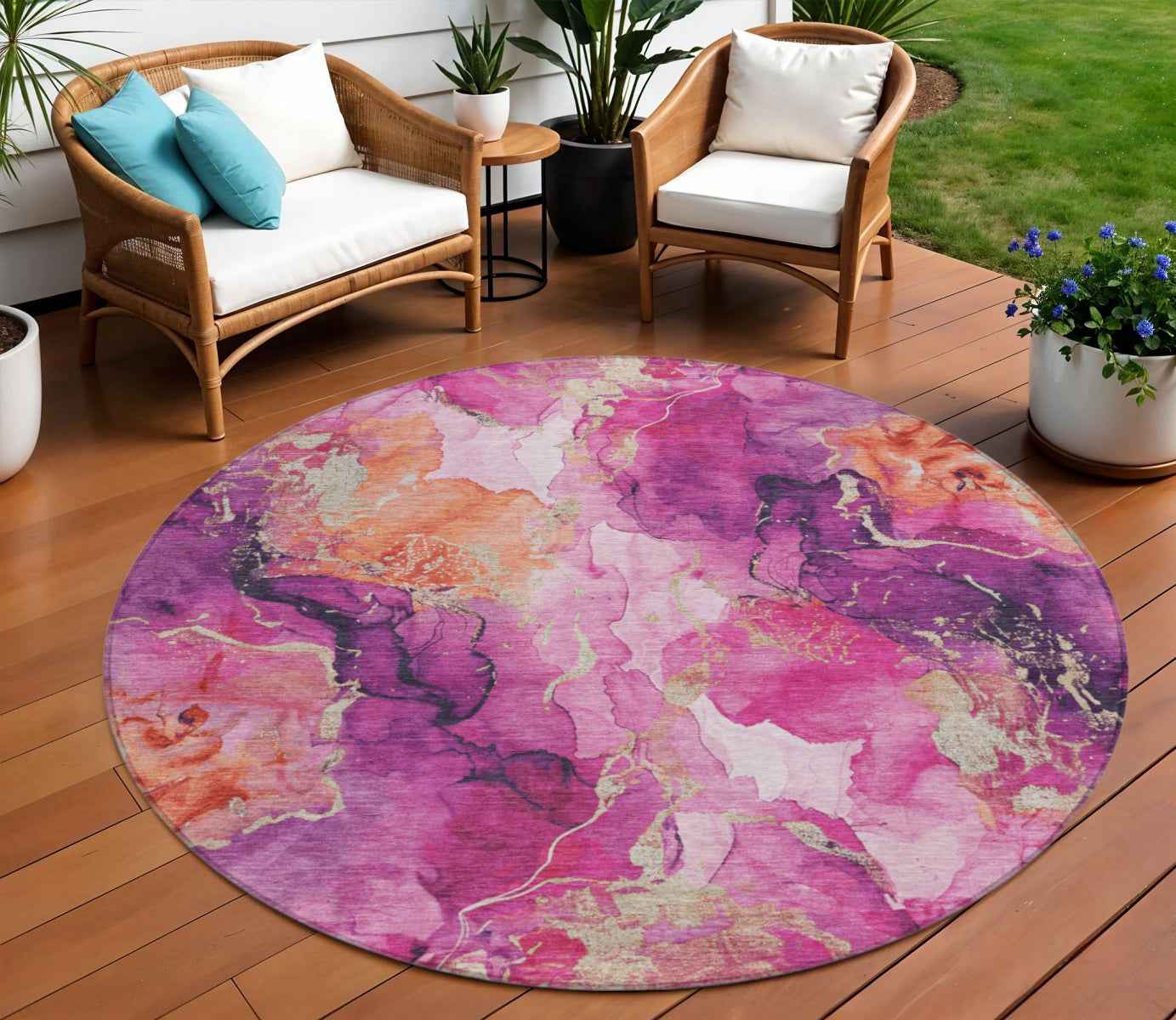 8' Ruby Red And Purple Round Abstract Washable Indoor Outdoor Area Rug