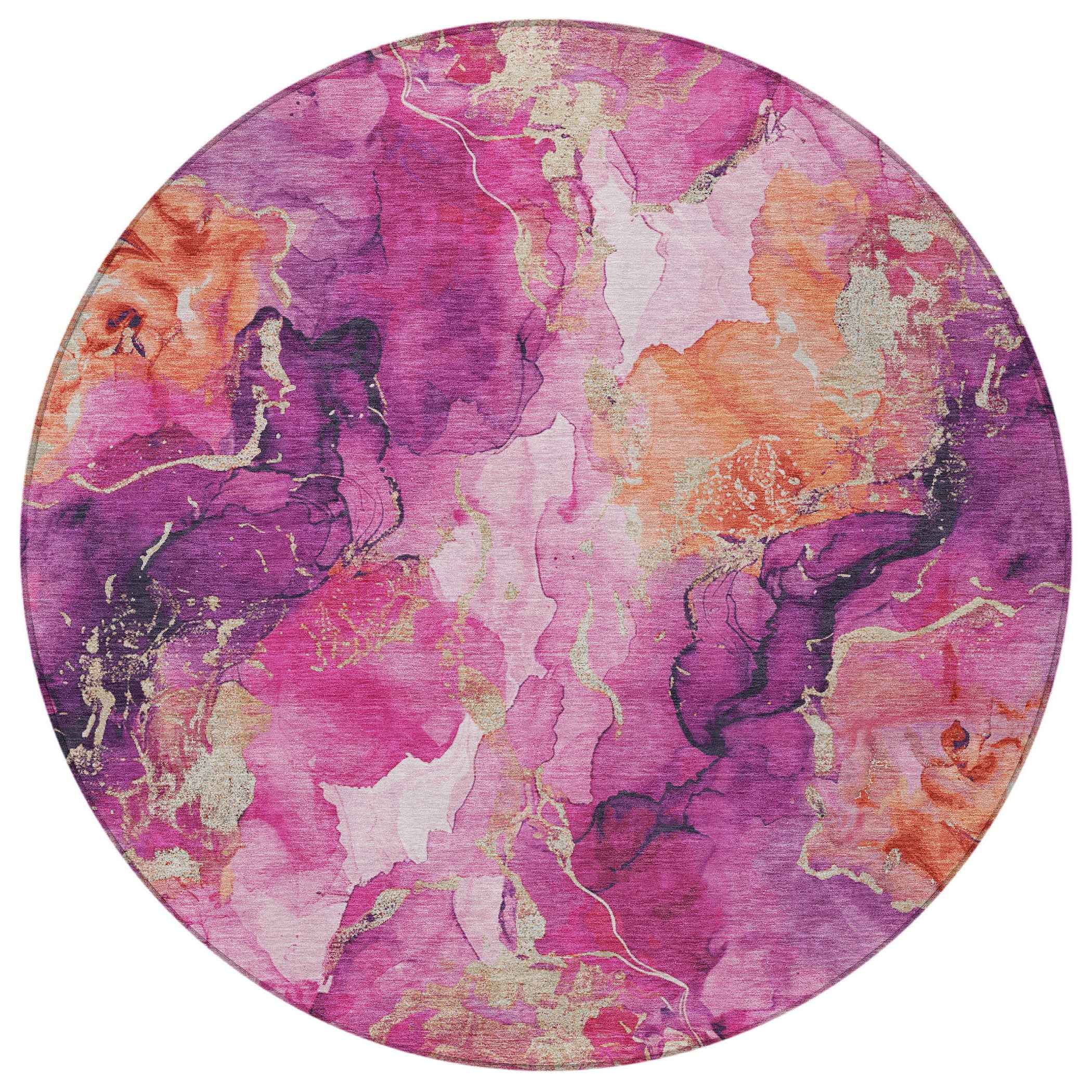 8' Ruby Red And Purple Round Abstract Washable Indoor Outdoor Area Rug