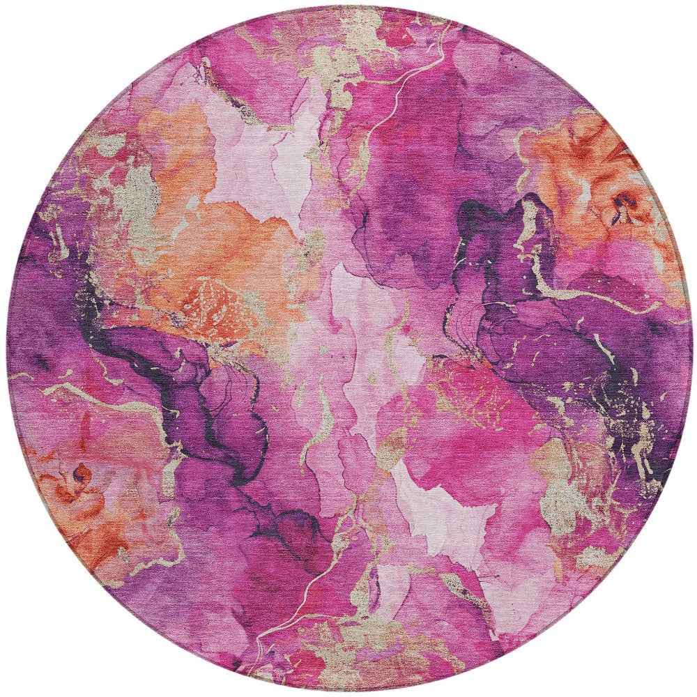 8' Ruby Red And Purple Round Abstract Washable Indoor Outdoor Area Rug