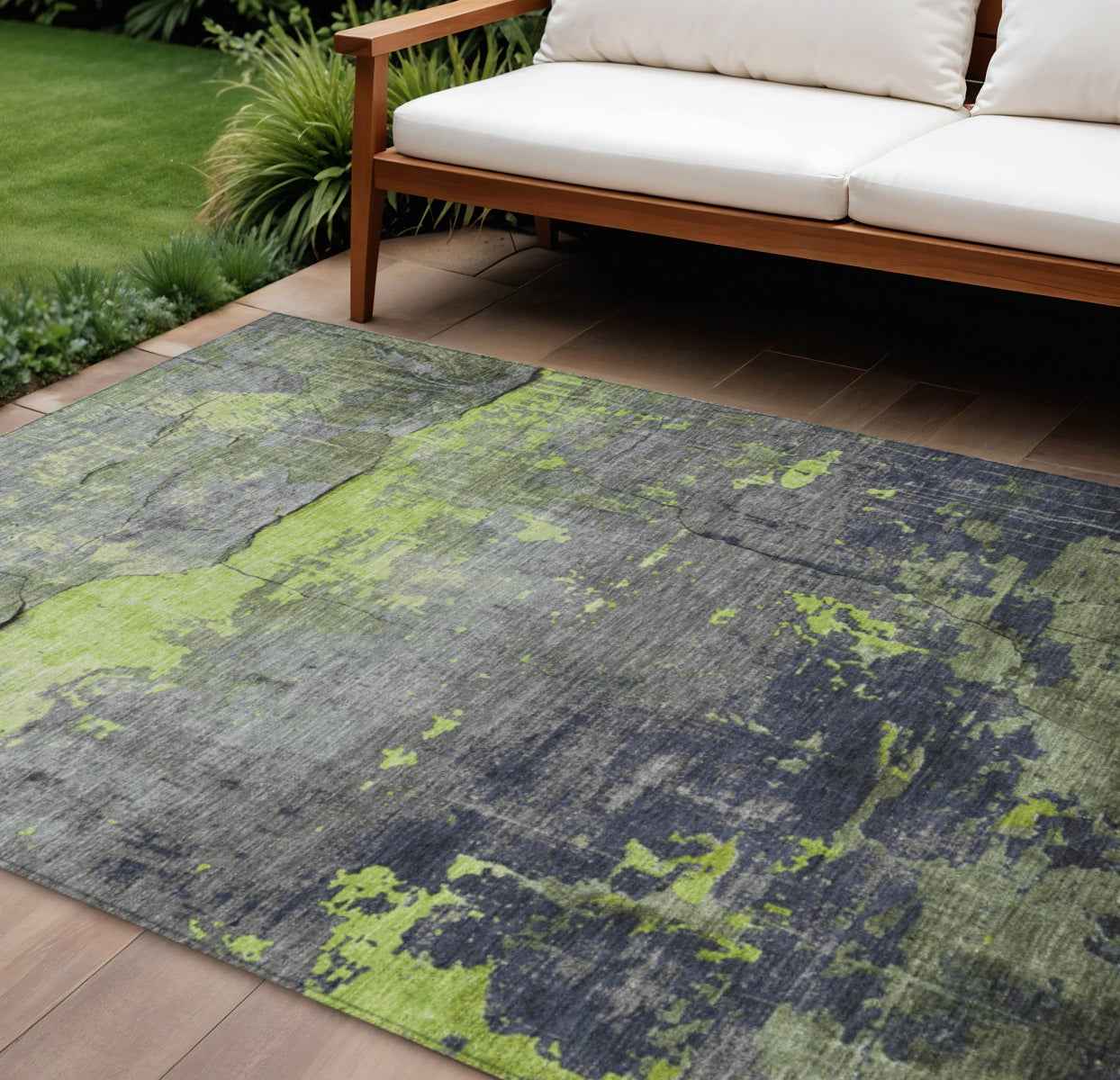 8' X 10' Lime Green Gray And Silver Abstract Washable Indoor Outdoor Area Rug