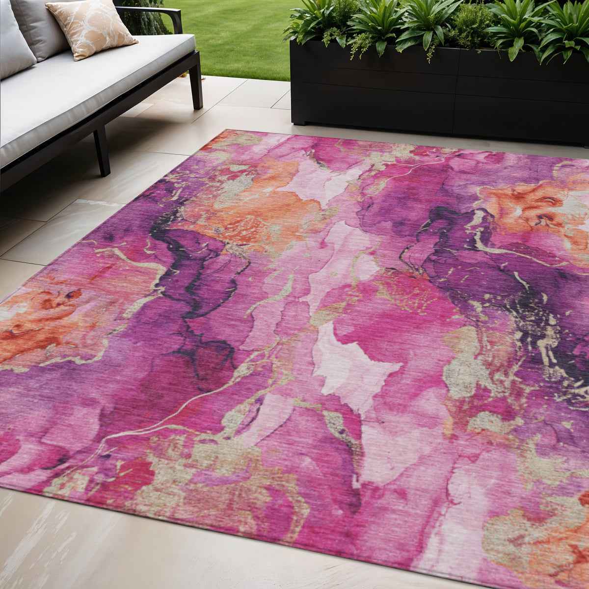 5' X 8' Ruby Red And Purple Abstract Washable Indoor Outdoor Area Rug