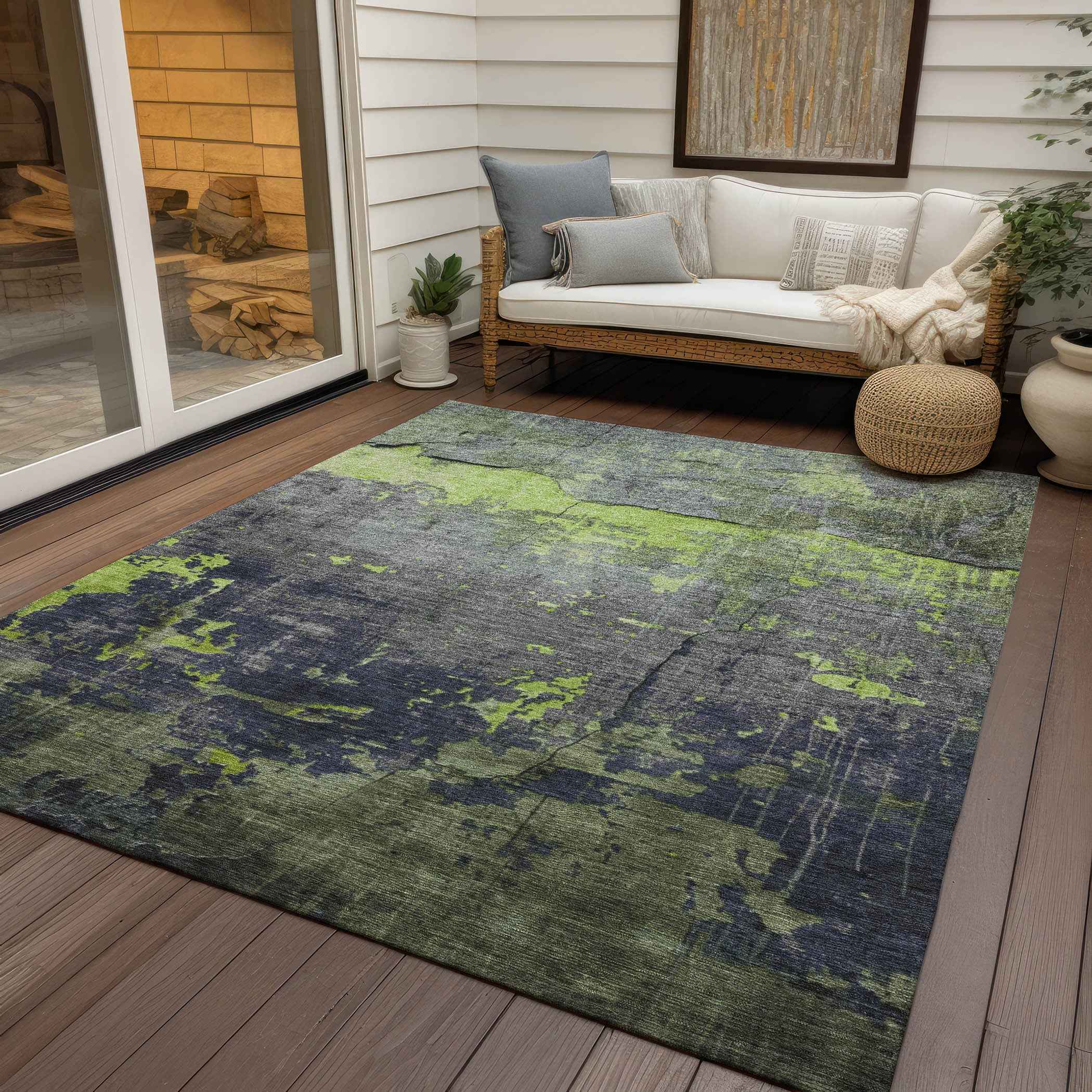 8' X 10' Lime Green Gray And Silver Abstract Washable Indoor Outdoor Area Rug