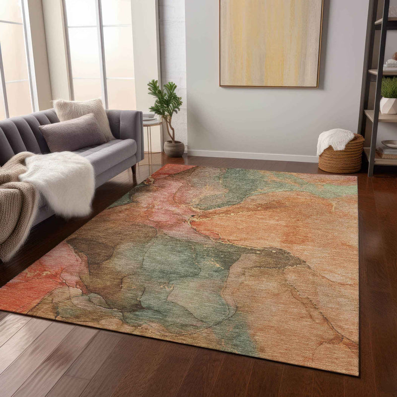 8' X 10' Coral Brown And Mint Green Abstract Washable Indoor Outdoor Area Rug