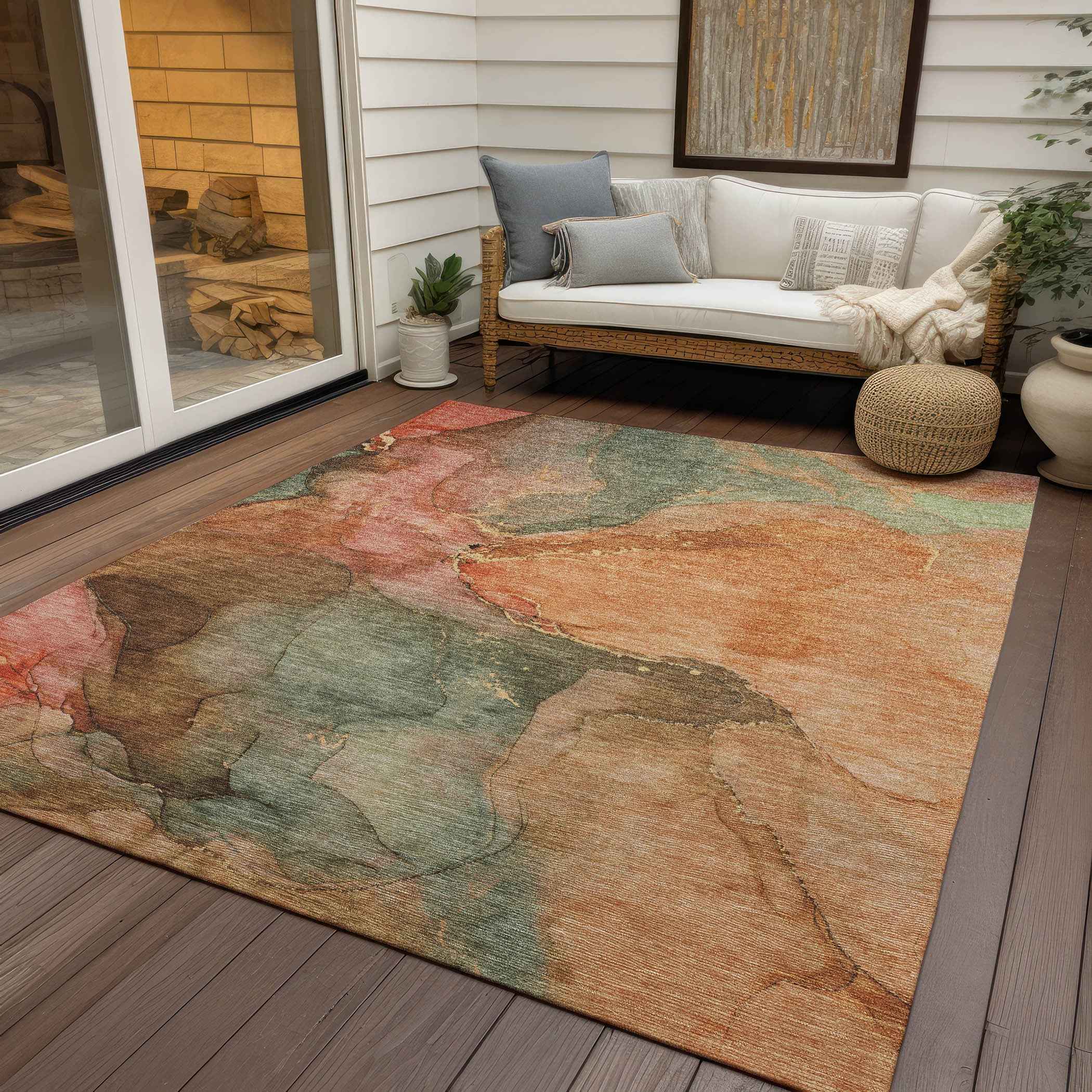 8' X 10' Coral Brown And Mint Green Abstract Washable Indoor Outdoor Area Rug