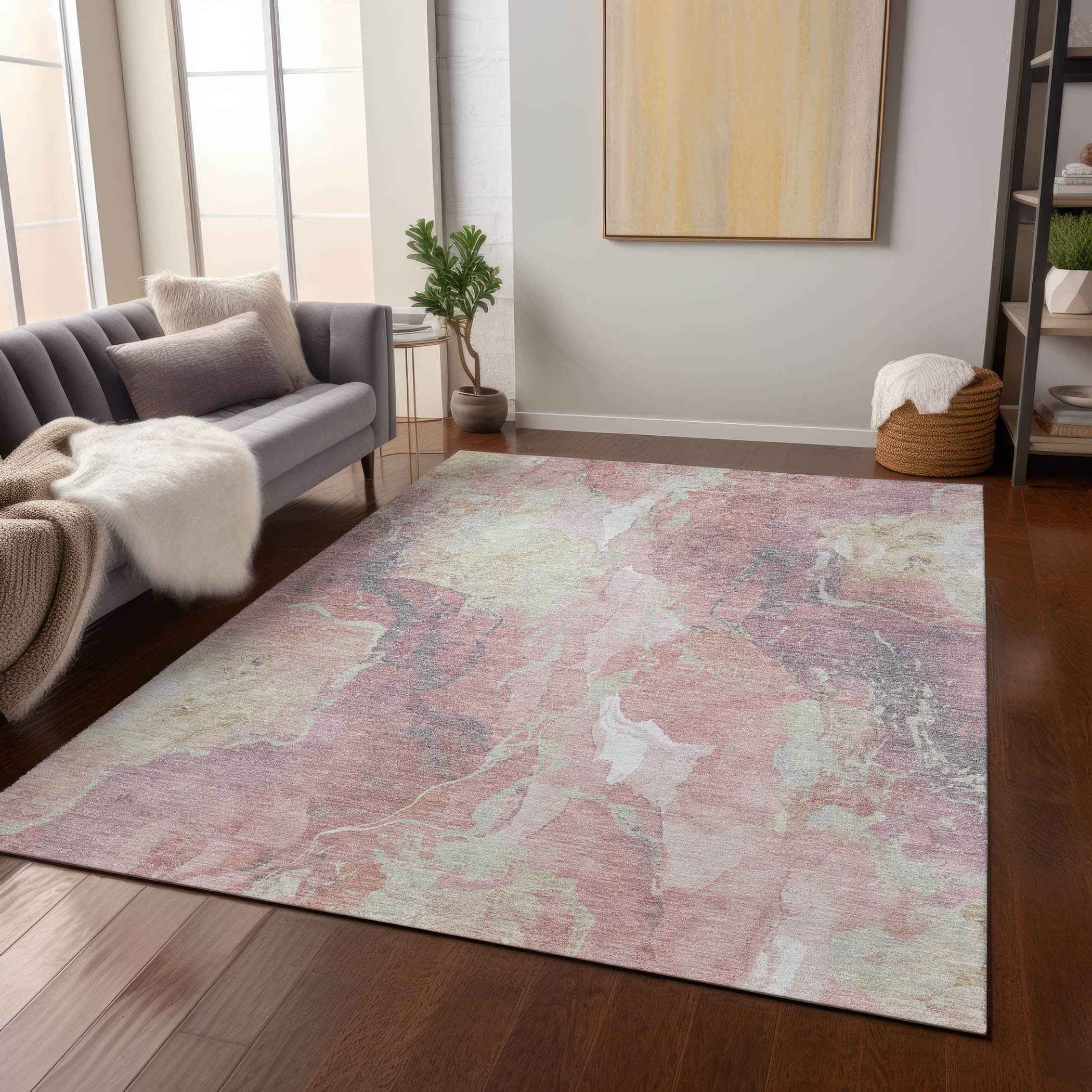 8' X 10' Pink And Beige Abstract Washable Indoor Outdoor Area Rug