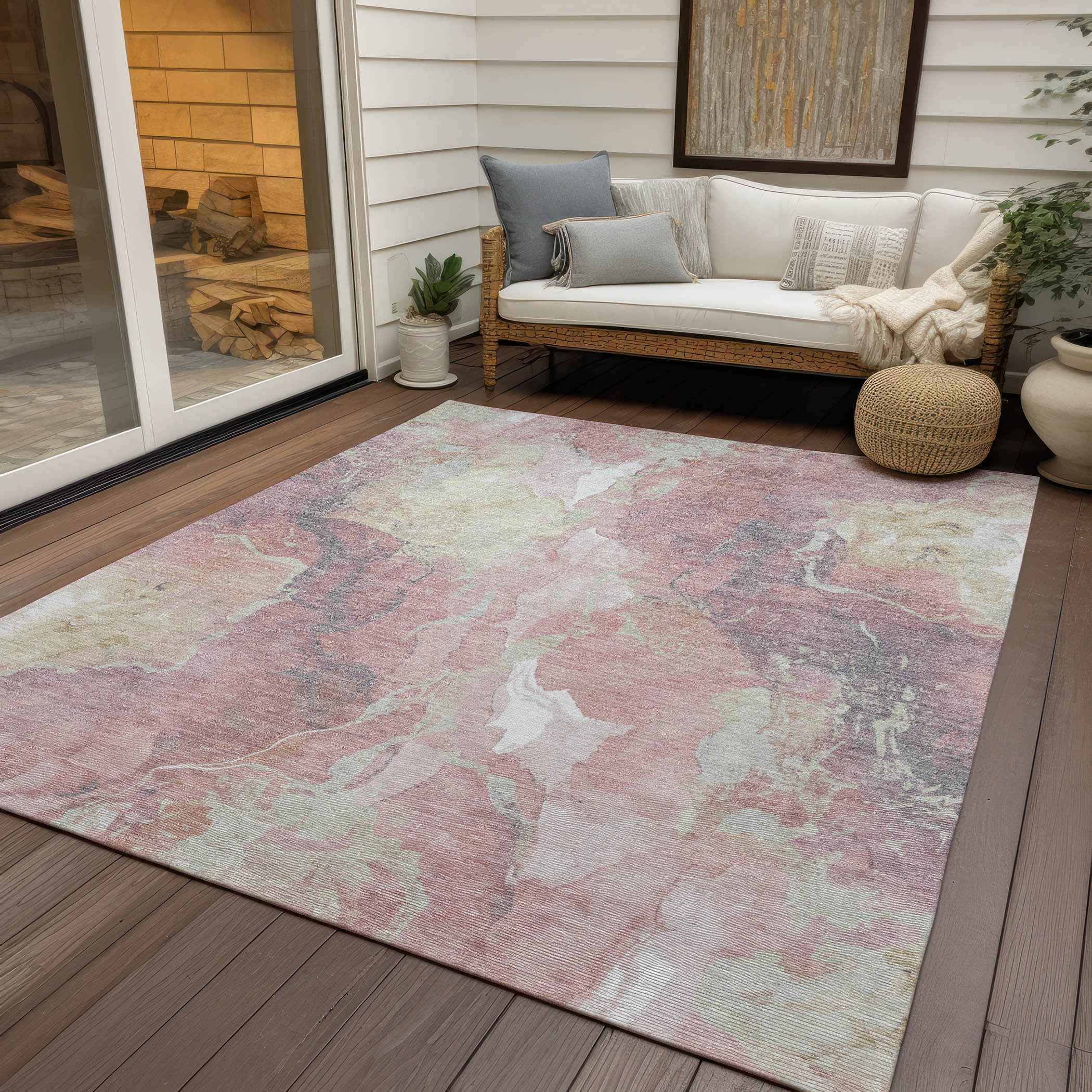 8' X 10' Pink And Beige Abstract Washable Indoor Outdoor Area Rug