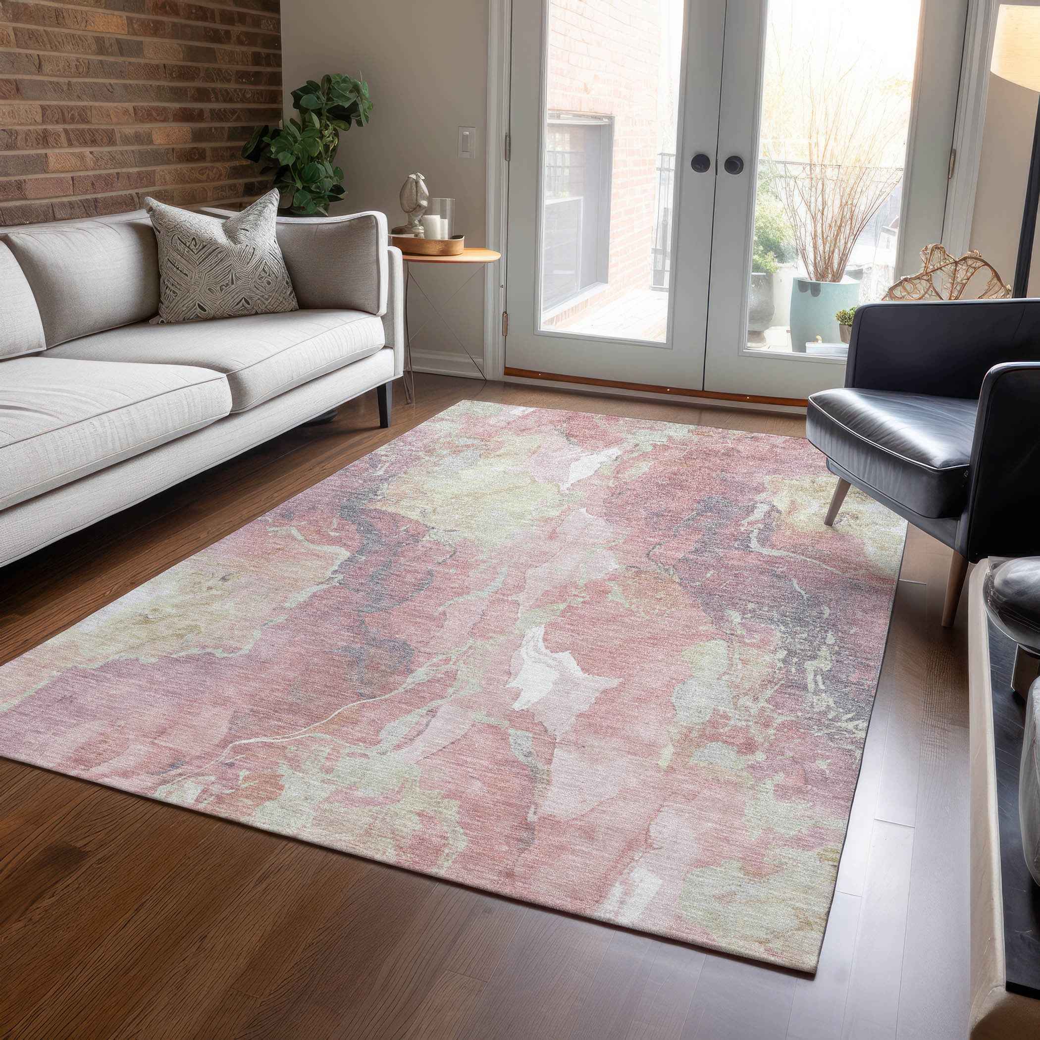8' X 10' Pink And Beige Abstract Washable Indoor Outdoor Area Rug
