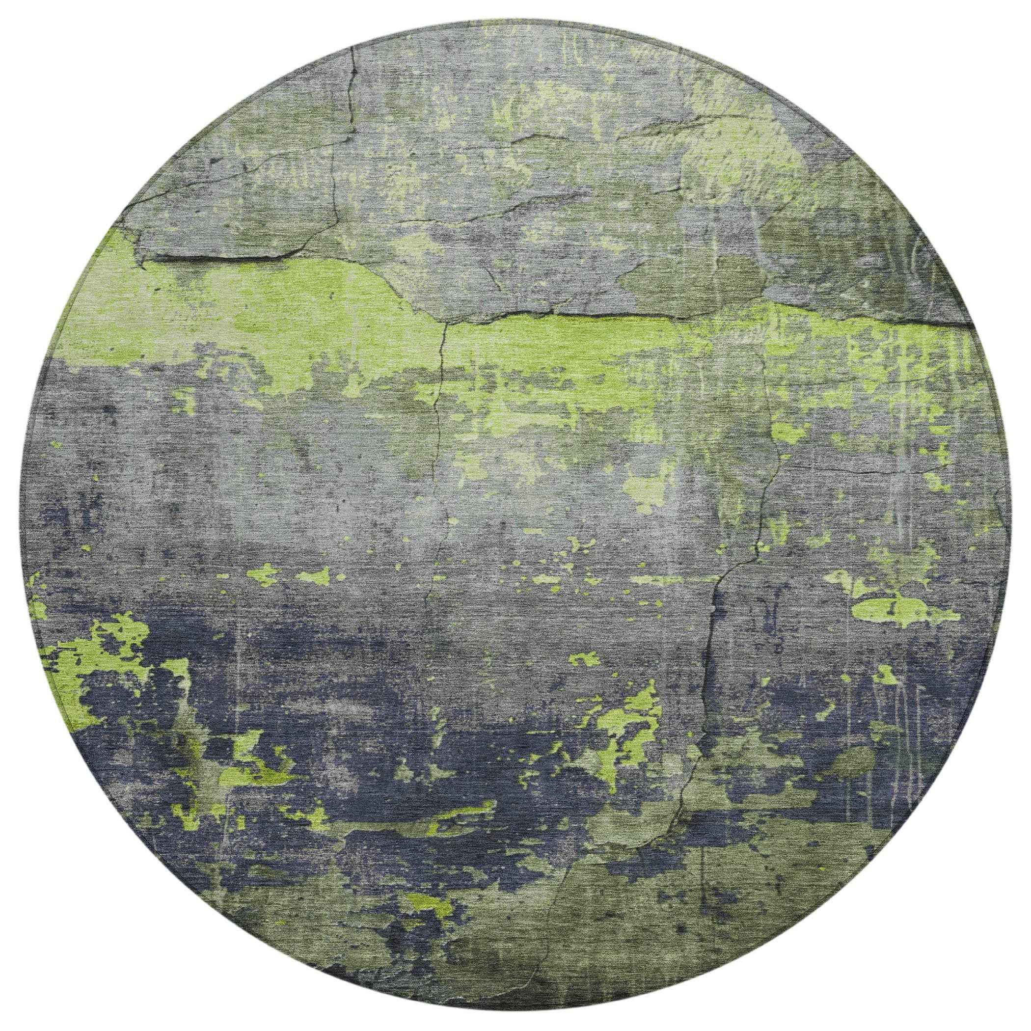 8' Lime Green Gray And Silver Round Abstract Washable Indoor Outdoor Area Rug