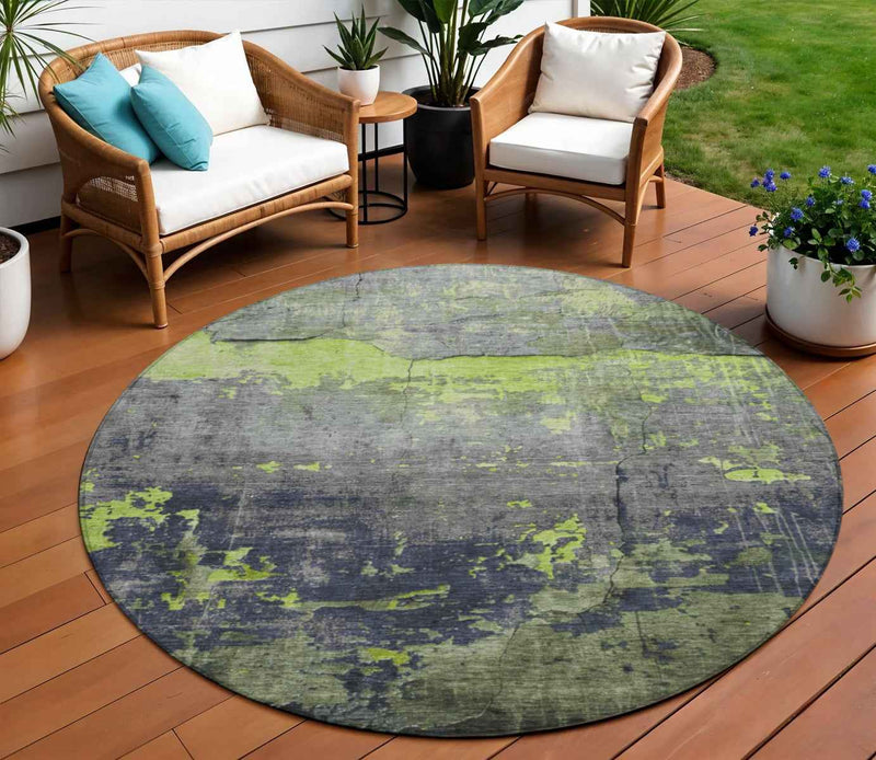 8' Lime Green Gray And Silver Round Abstract Washable Indoor Outdoor Area Rug
