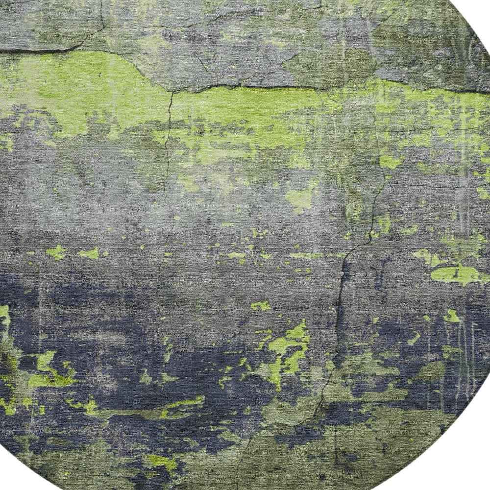 8' Lime Green Gray And Silver Round Abstract Washable Indoor Outdoor Area Rug
