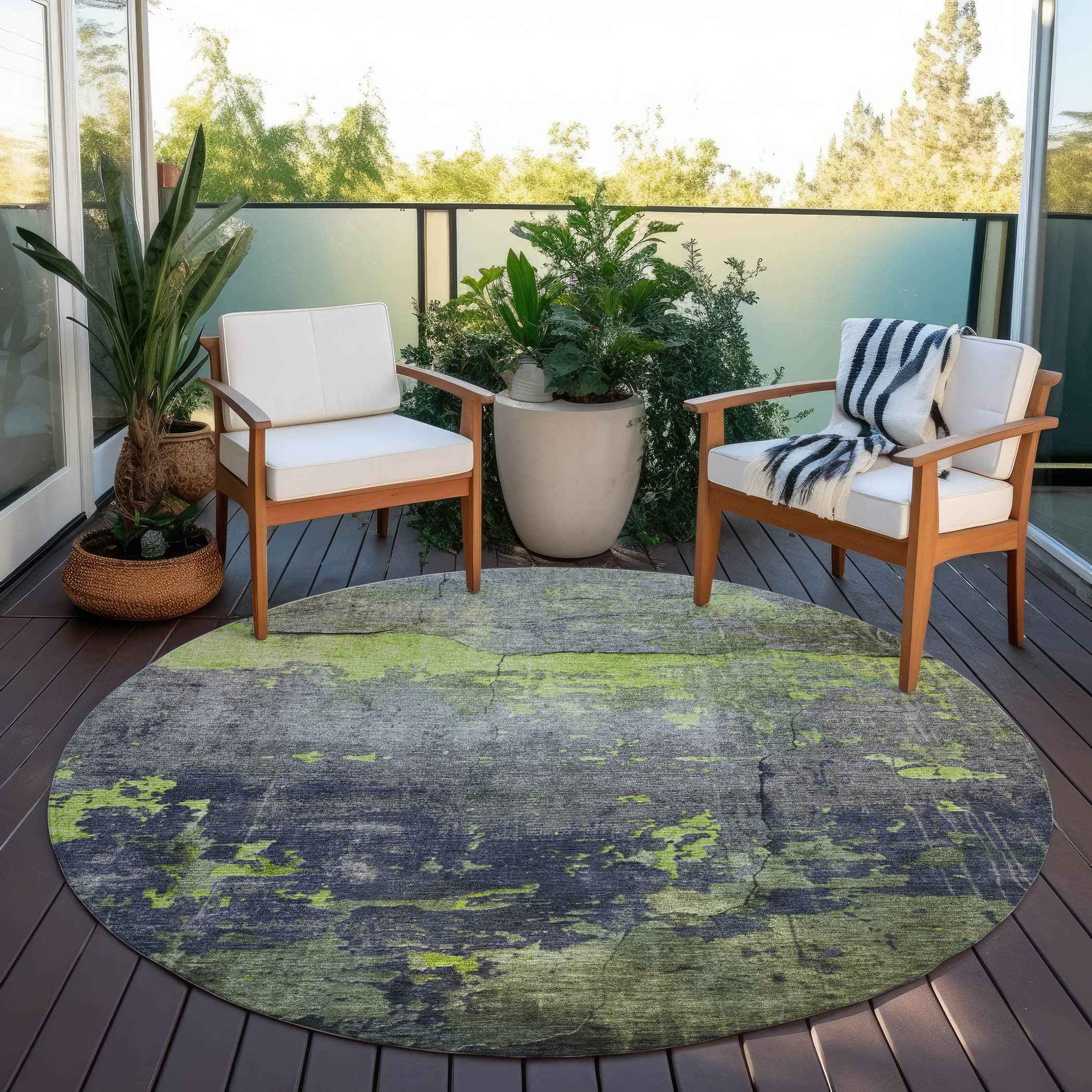 8' Lime Green Gray And Silver Round Abstract Washable Indoor Outdoor Area Rug