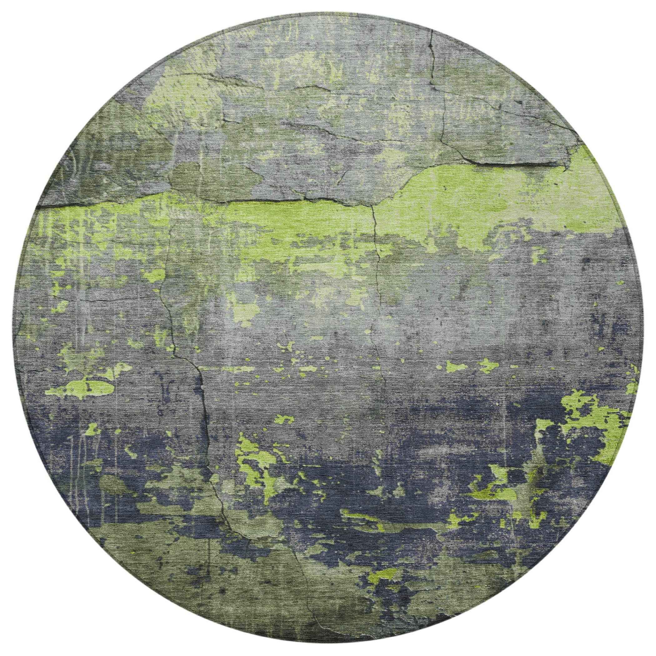 8' Lime Green Gray And Silver Round Abstract Washable Indoor Outdoor Area Rug
