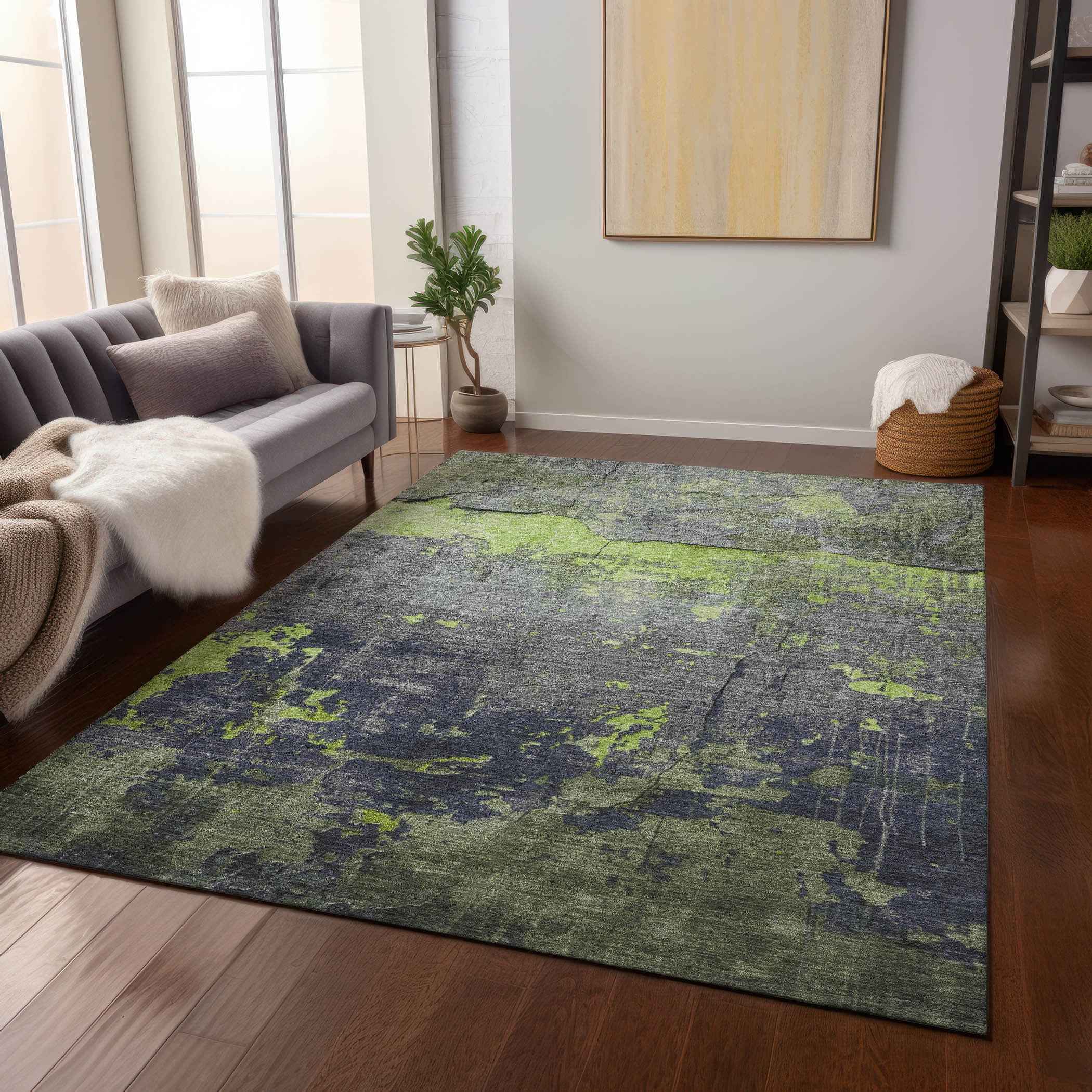 5' X 8' Lime Green Gray And Silver Abstract Washable Indoor Outdoor Area Rug