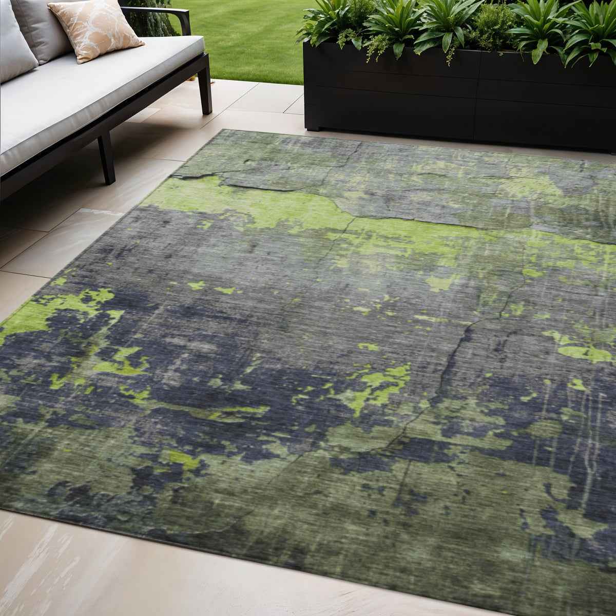 5' X 8' Lime Green Gray And Silver Abstract Washable Indoor Outdoor Area Rug