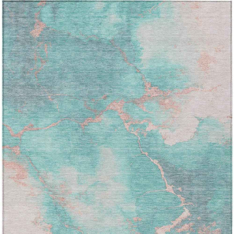 9' X 12' Teal Blue Peach And Ivory Abstract Washable Indoor Outdoor Area Rug