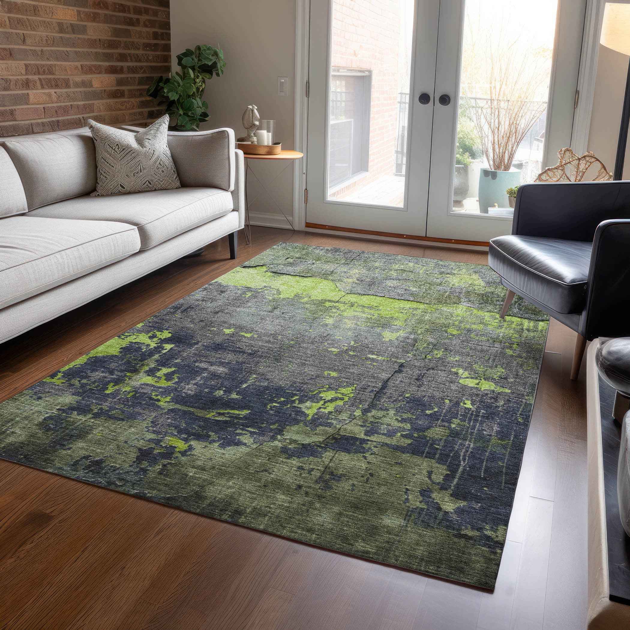 3' X 5' Lime Green Gray And Silver Abstract Washable Indoor Outdoor Area Rug