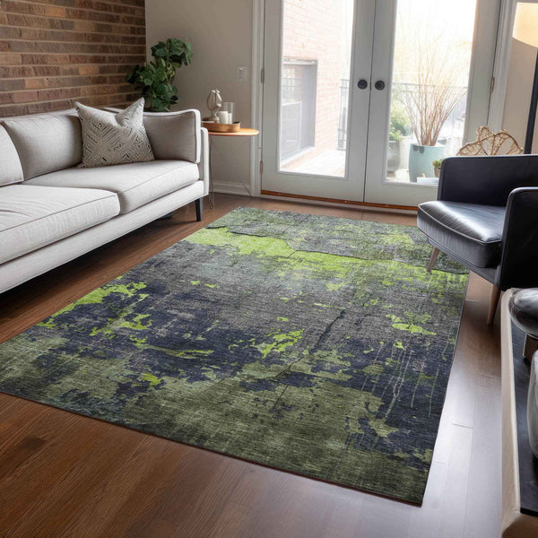 3' X 5' Lime Green Gray And Silver Abstract Washable Indoor Outdoor Area Rug