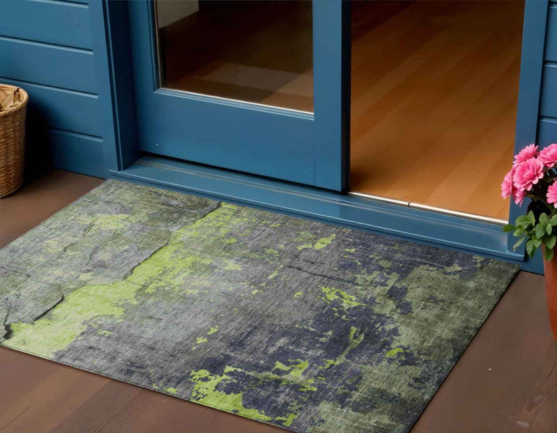 3' X 5' Lime Green Gray And Silver Abstract Washable Indoor Outdoor Area Rug