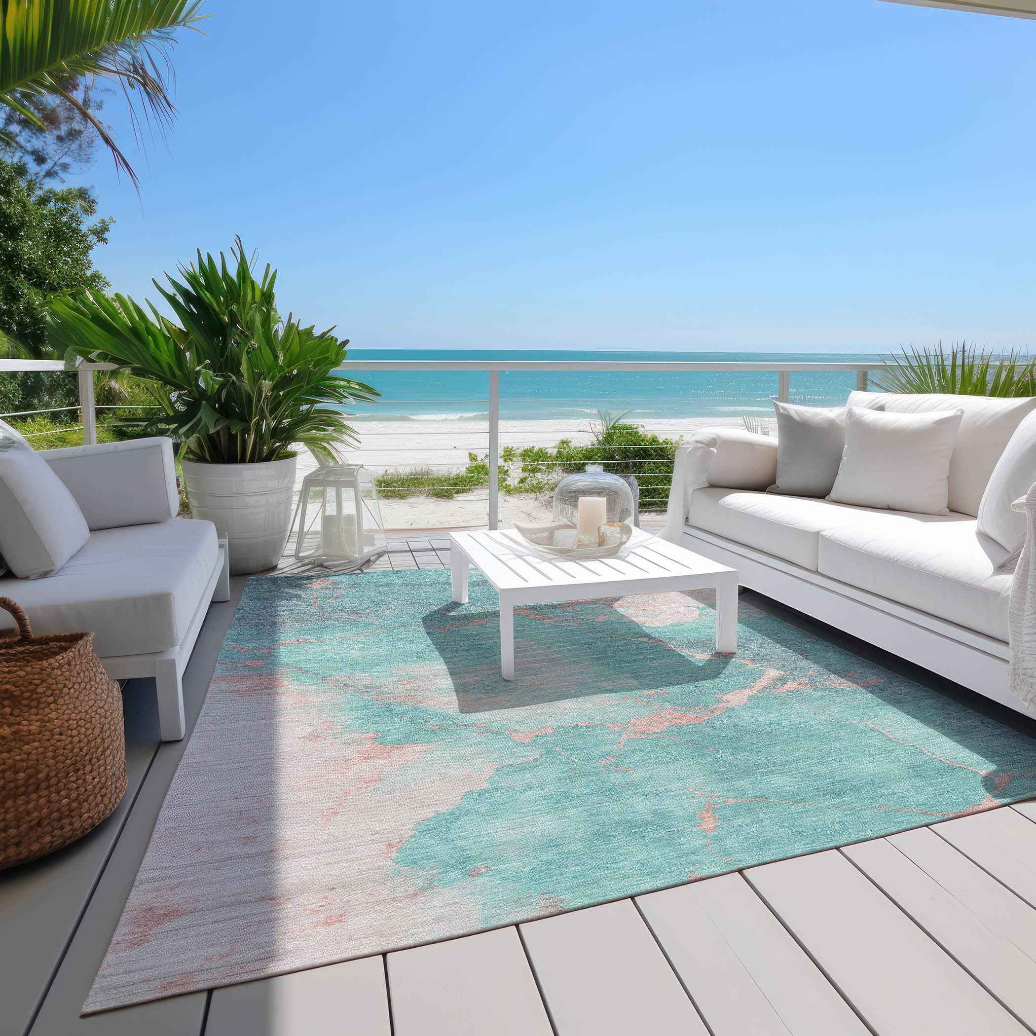 8' X 10' Teal Blue Peach And Ivory Abstract Washable Indoor Outdoor Area Rug