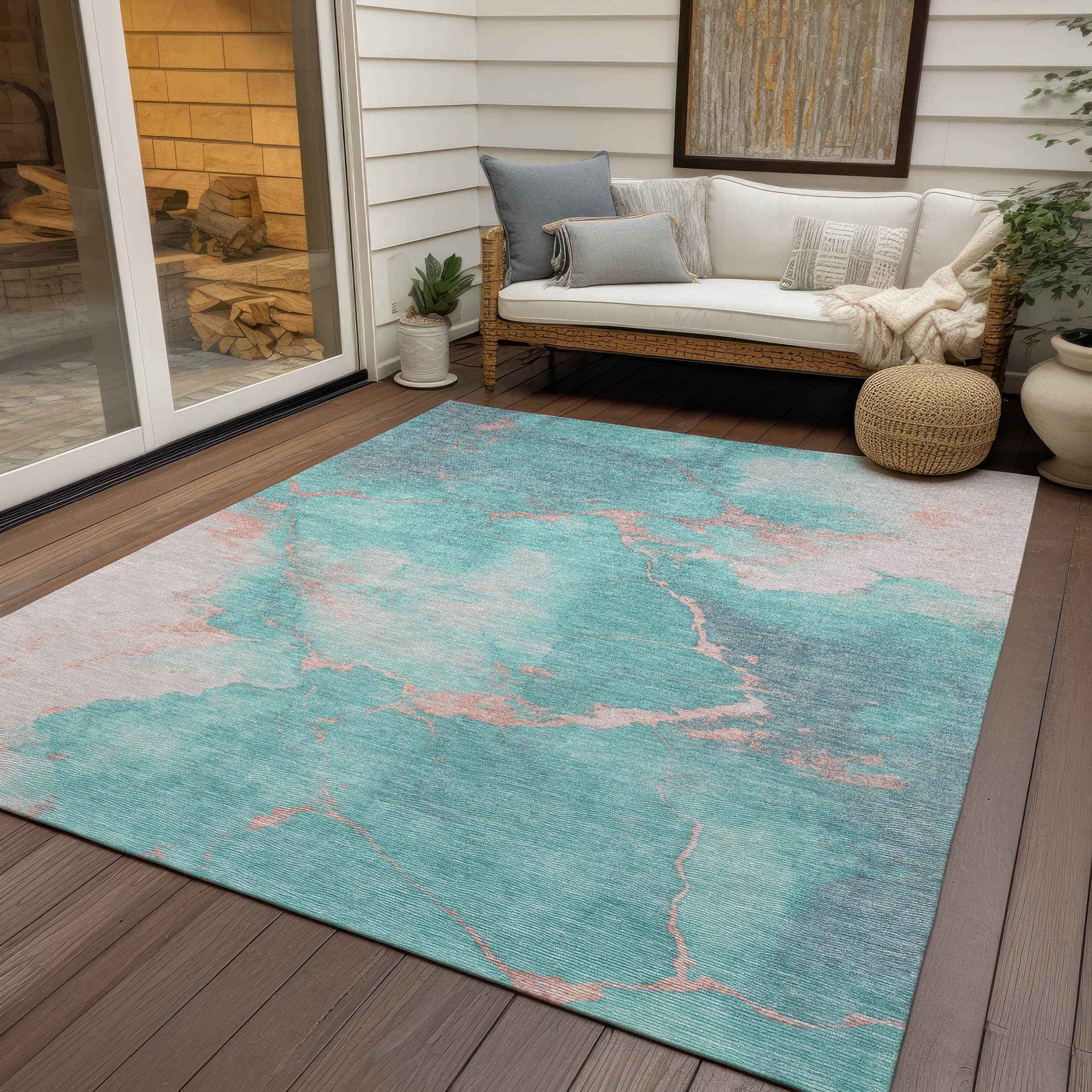 8' X 10' Teal Blue Peach And Ivory Abstract Washable Indoor Outdoor Area Rug