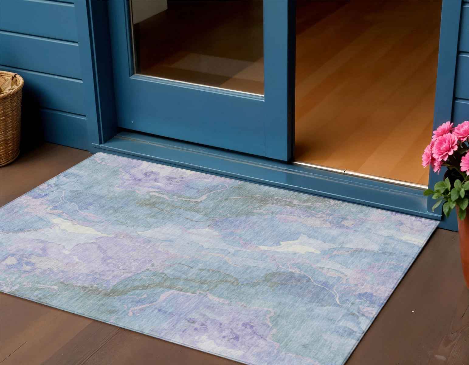 3' X 5' Lavender And Sky Blue Abstract Washable Indoor Outdoor Area Rug
