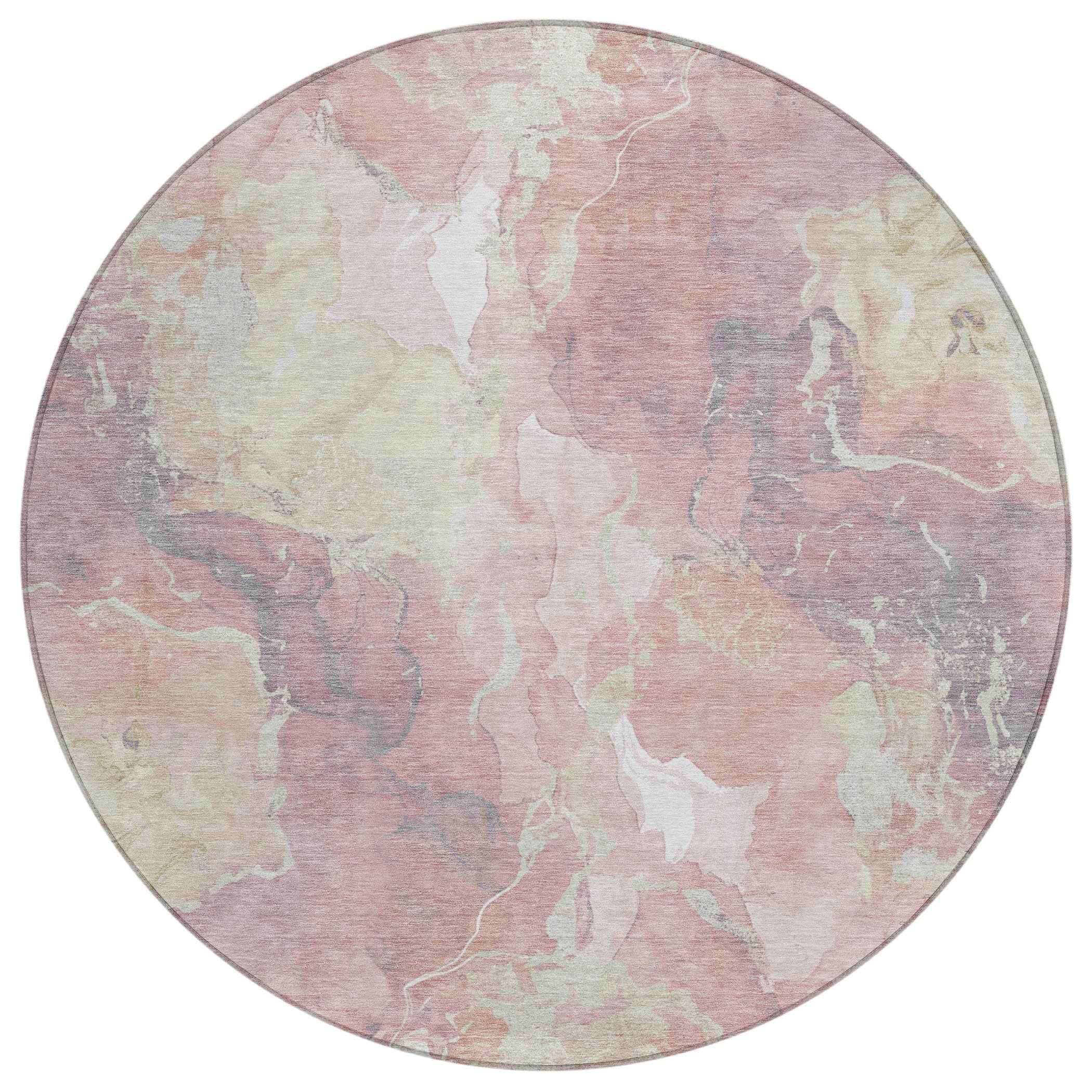8' Pink And Beige Round Abstract Washable Indoor Outdoor Area Rug
