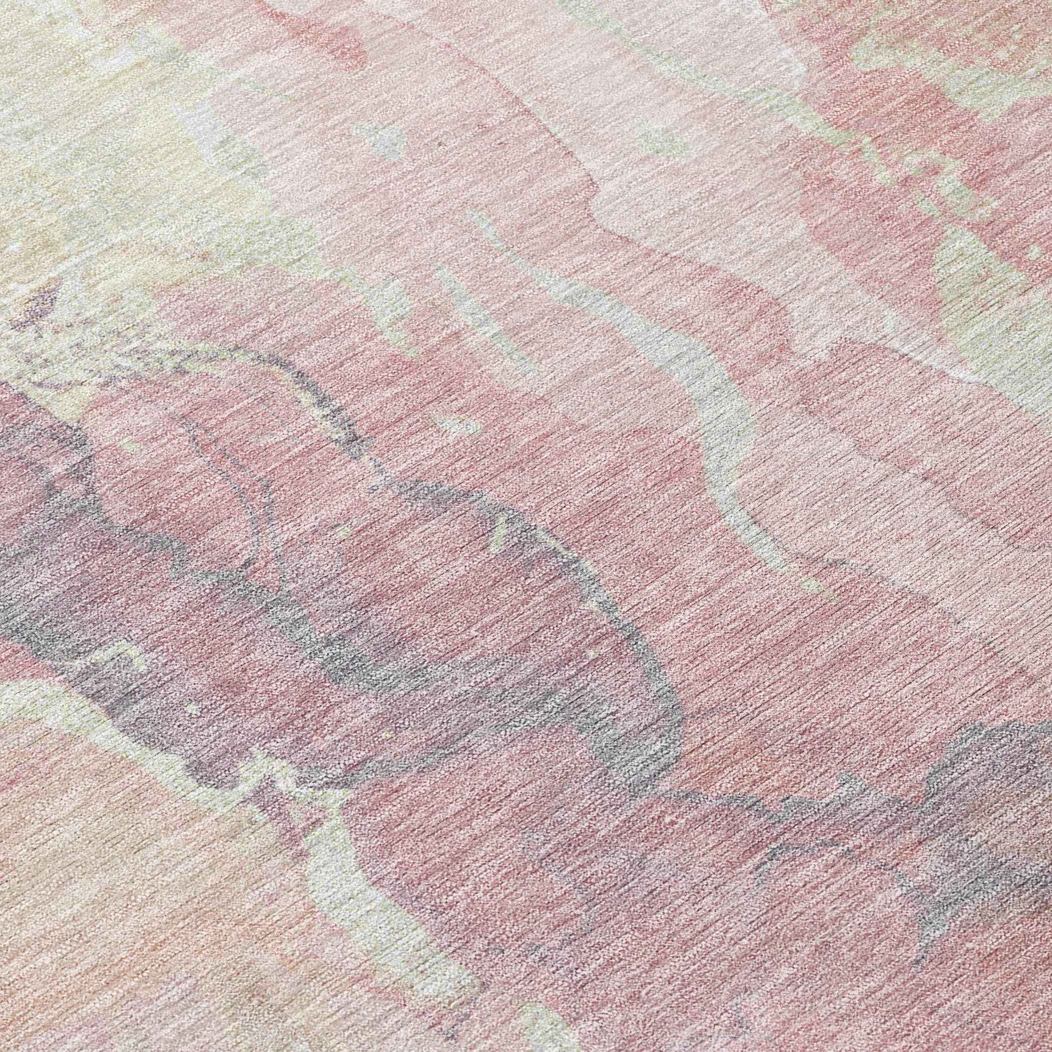 8' Pink And Beige Round Abstract Washable Indoor Outdoor Area Rug