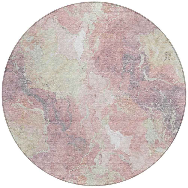 8' Pink And Beige Round Abstract Washable Indoor Outdoor Area Rug
