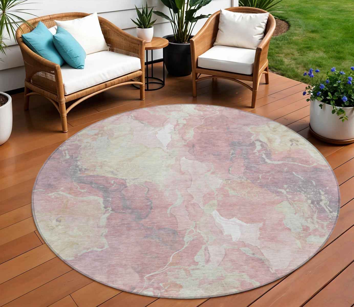 8' Pink And Beige Round Abstract Washable Indoor Outdoor Area Rug