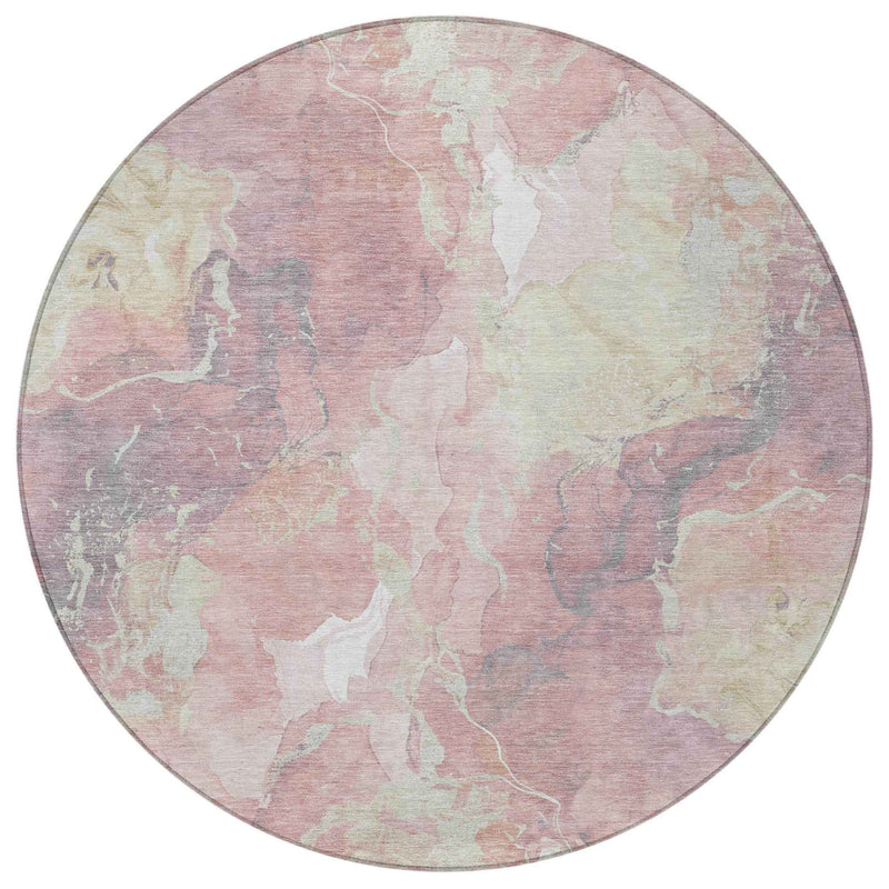 8' Pink And Beige Round Abstract Washable Indoor Outdoor Area Rug