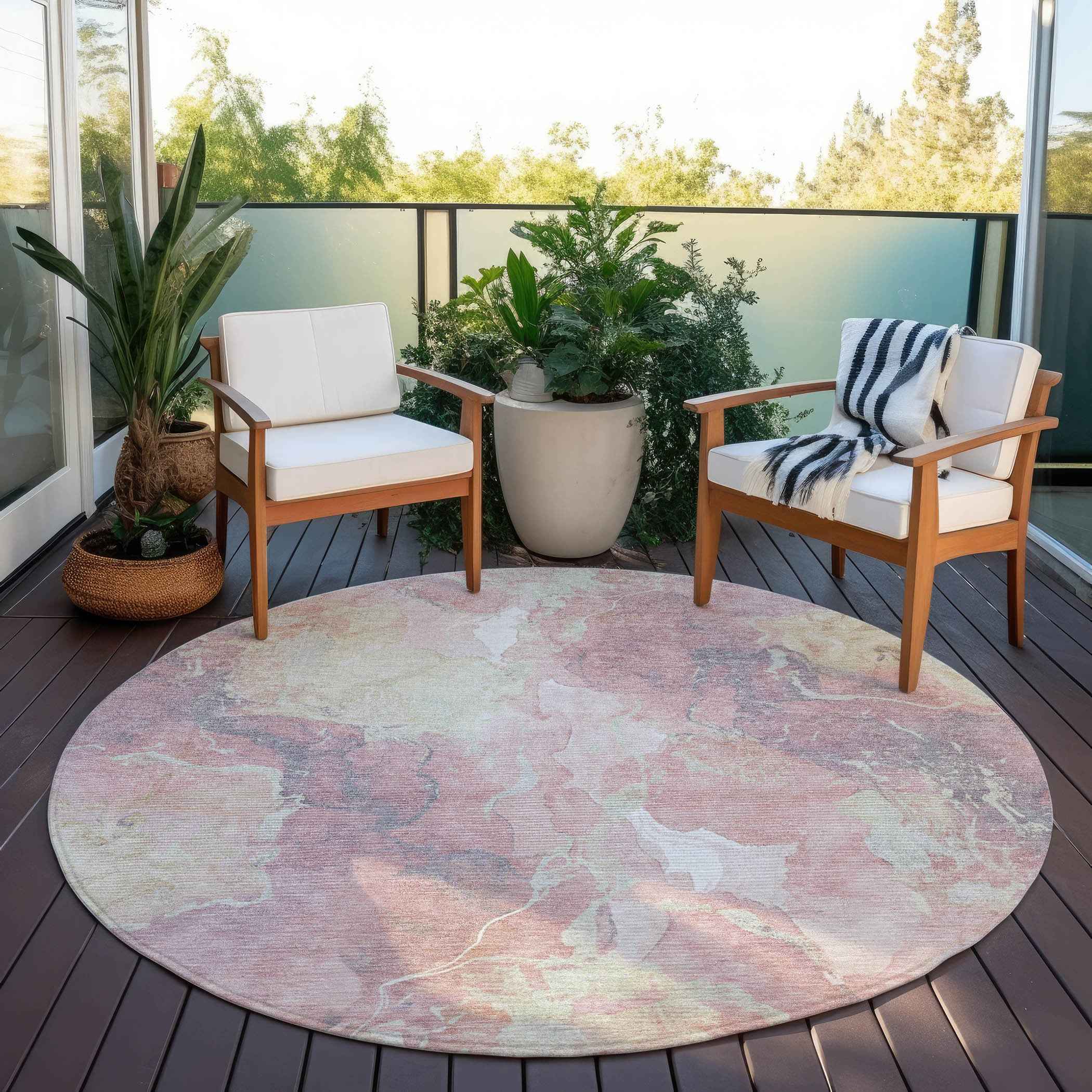8' Pink And Beige Round Abstract Washable Indoor Outdoor Area Rug