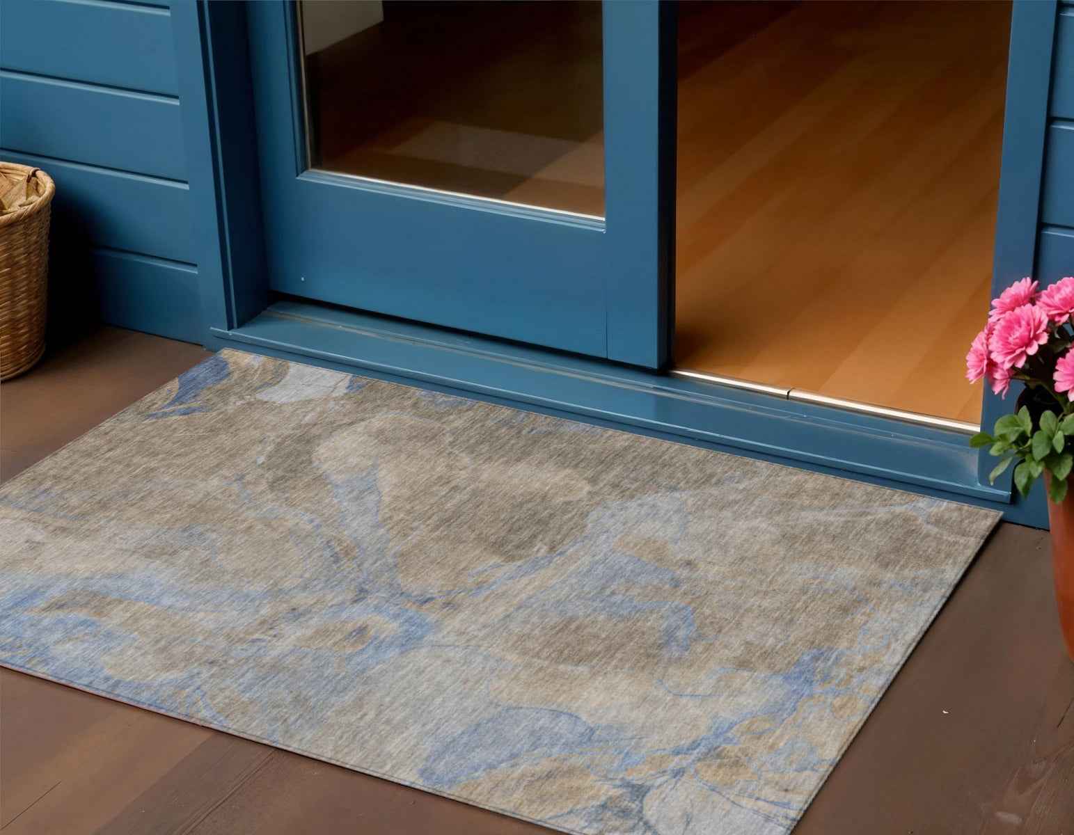 3' X 5' Taupe Beige And Blue Abstract Washable Indoor Outdoor Area Rug